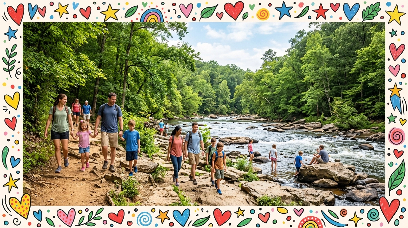Families enjoying a sunny day outdoors at Sweetwater Creek State Park in Austell, Georgia. The image shows the rocky creek bed, lush green trees, and people walking on the trails. Professional, bright, clean photo with natural lighting. Bordered by playful, colorful, hand-drawn heart and star frame accents.
