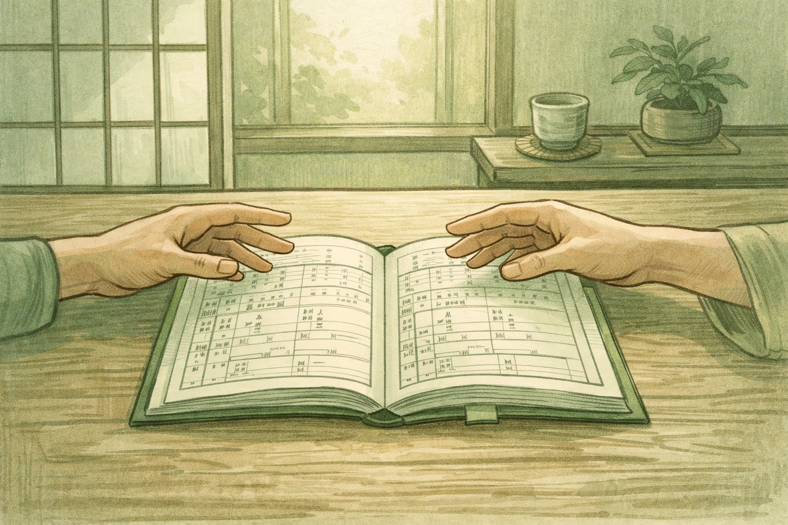 Two men's hands reaching toward Japanese family registry book symbolizing quest for acceptance