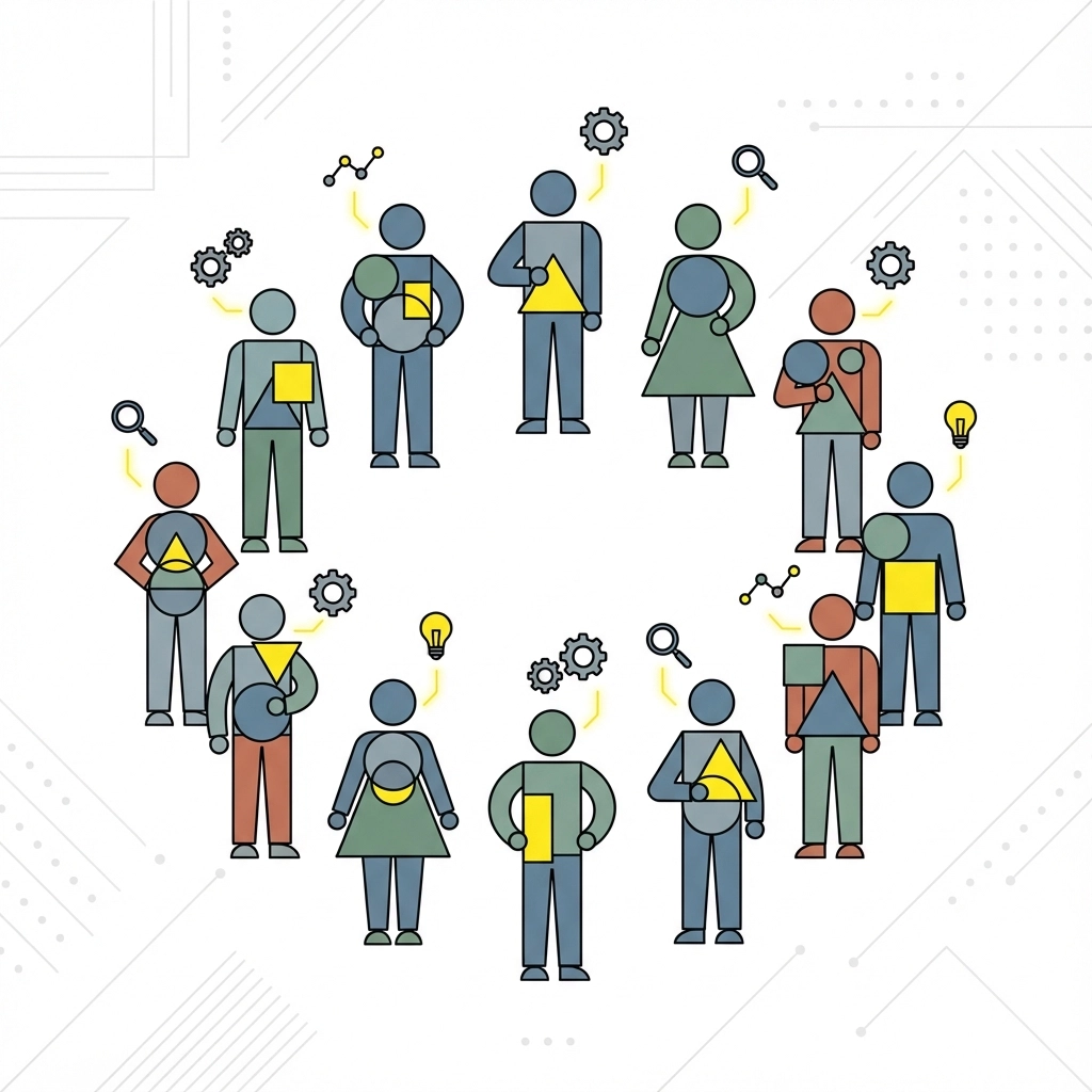 Abstract figures with geometric shapes, gears, and light bulbs, symbolizing ideas and collaboration. Neutral background with subtle lines.