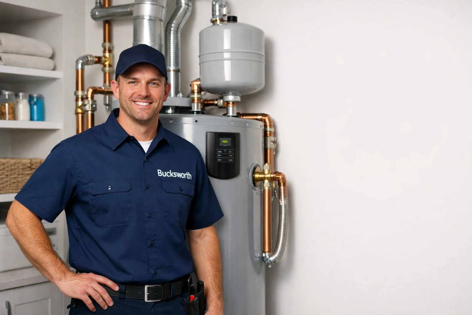 Top-rated plumber Phoenix AZ technician standing by a professional water heater installation.