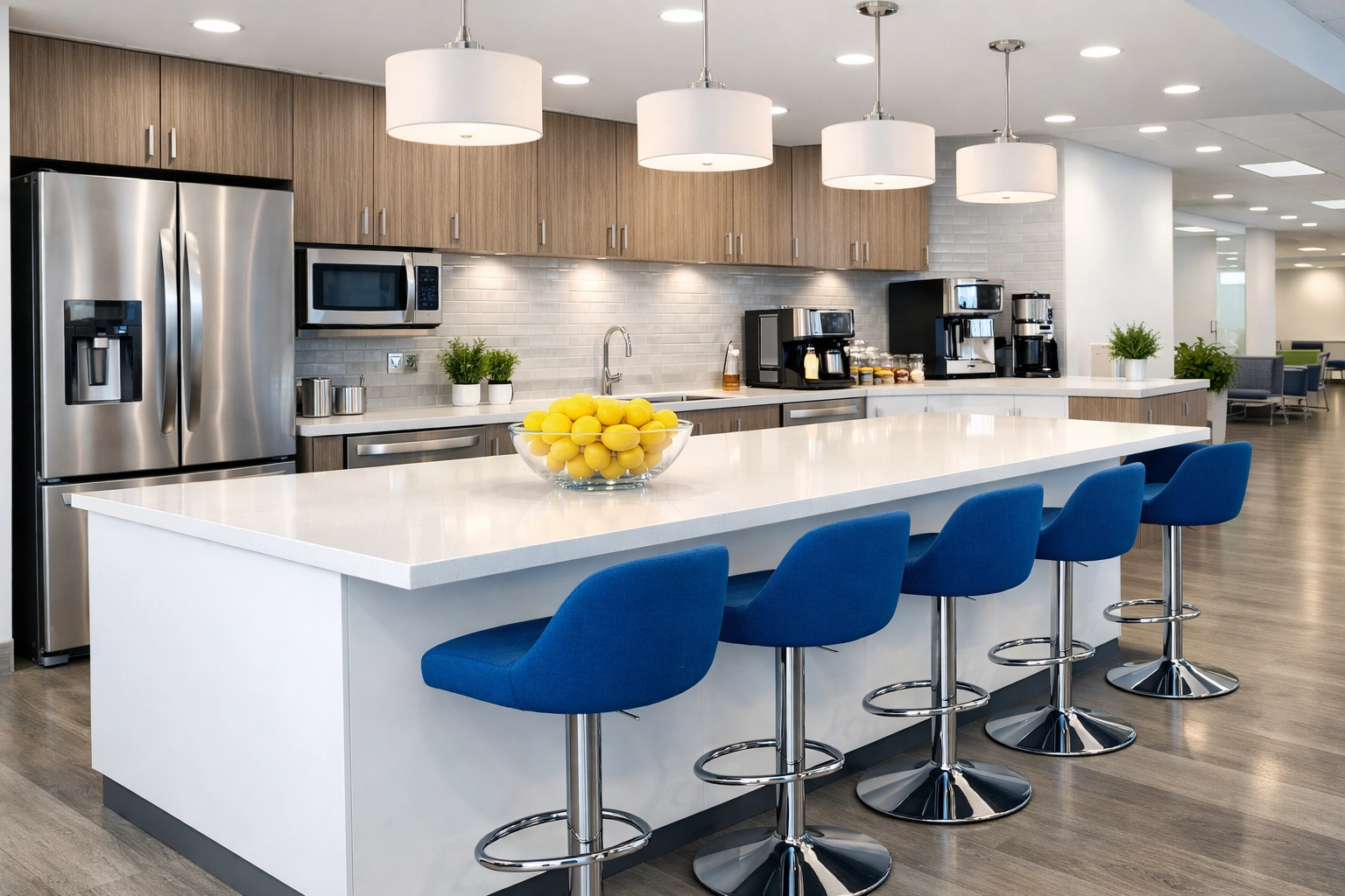 A spotless, sanitized office breakroom featuring professional commercial cleaning results.