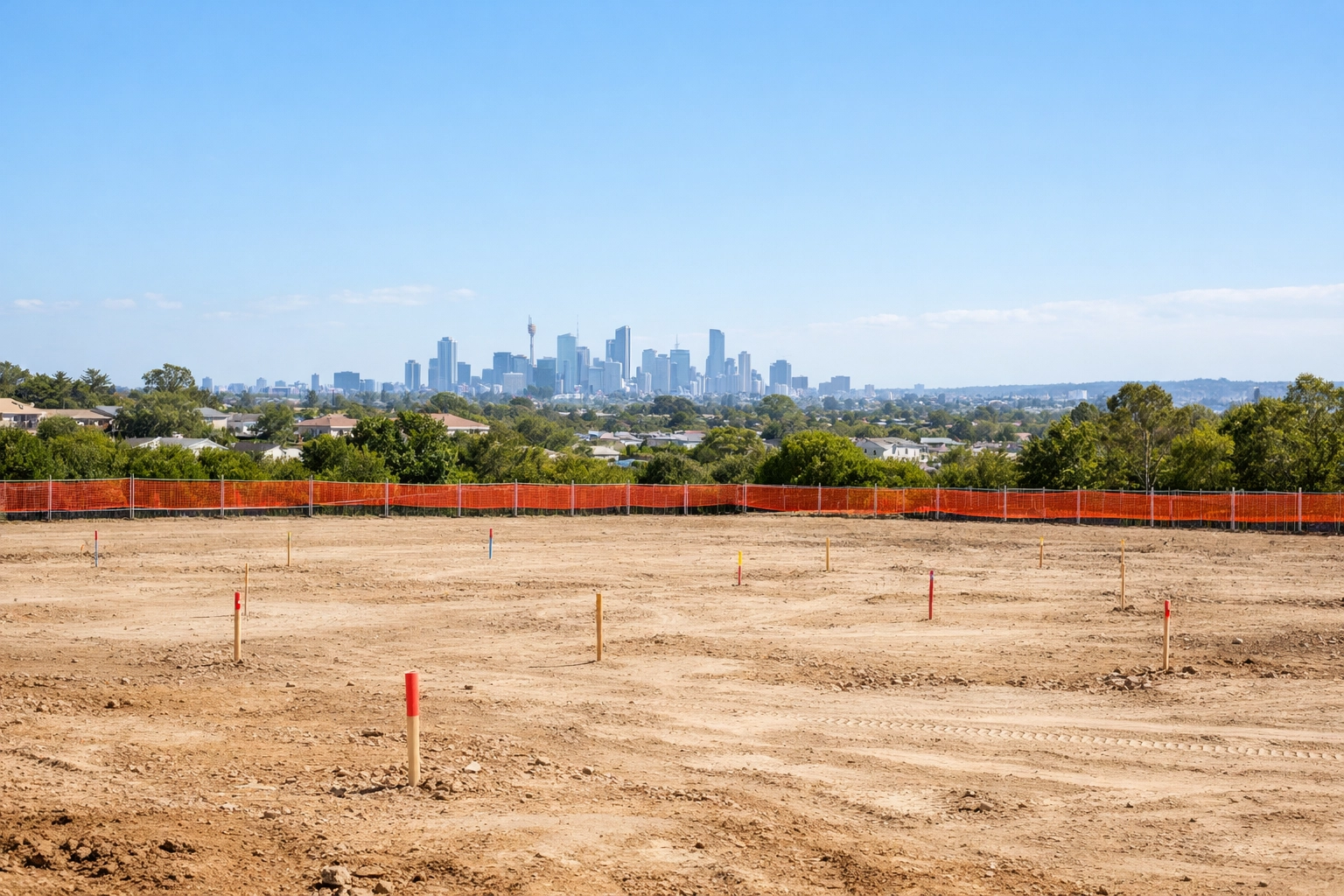 Empty development site with survey stakes and safety fencing, ready for feasibility site assessment.