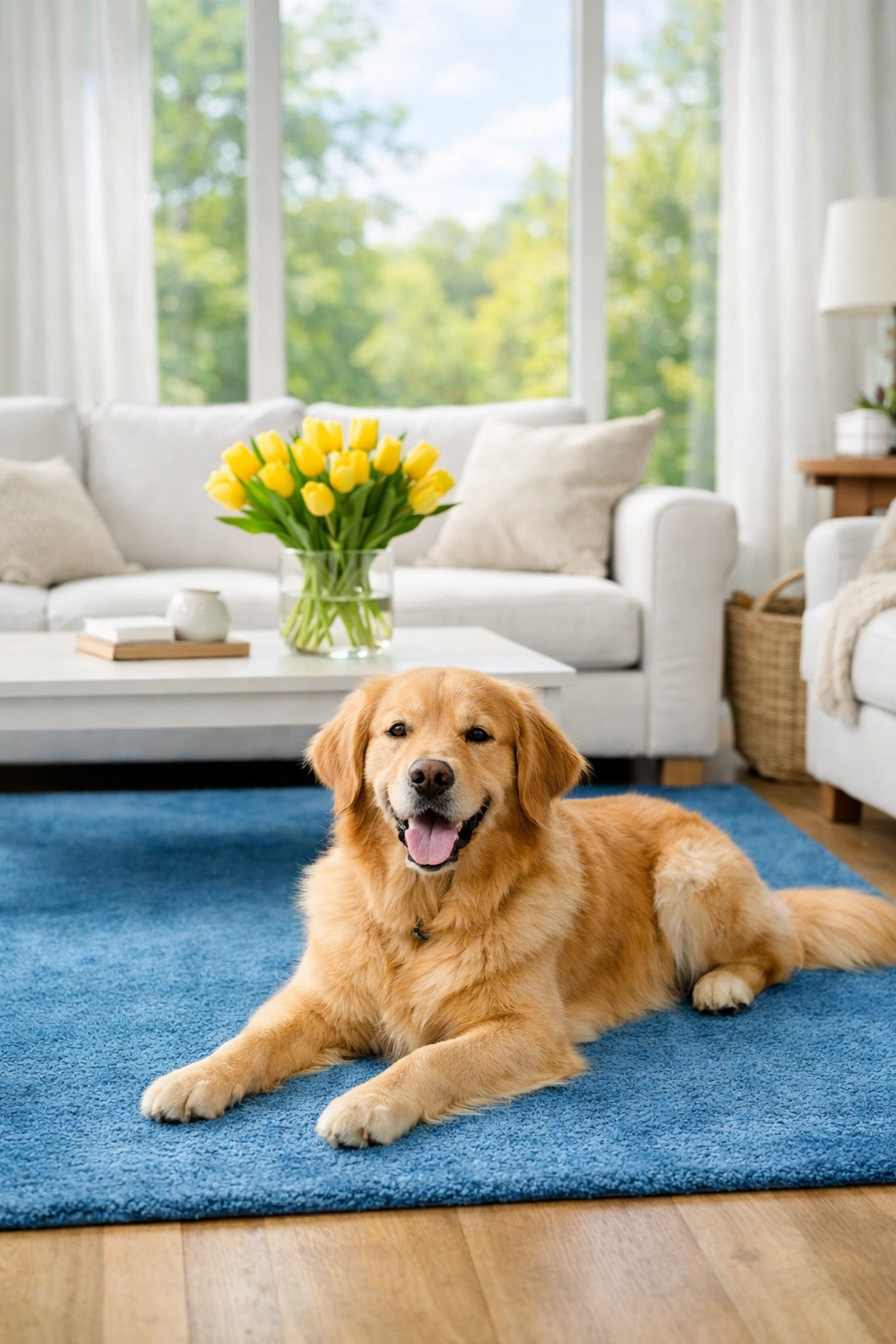 A dog lying on a clean carpet, showing the benefits of non-toxic eco-friendly cleaning.