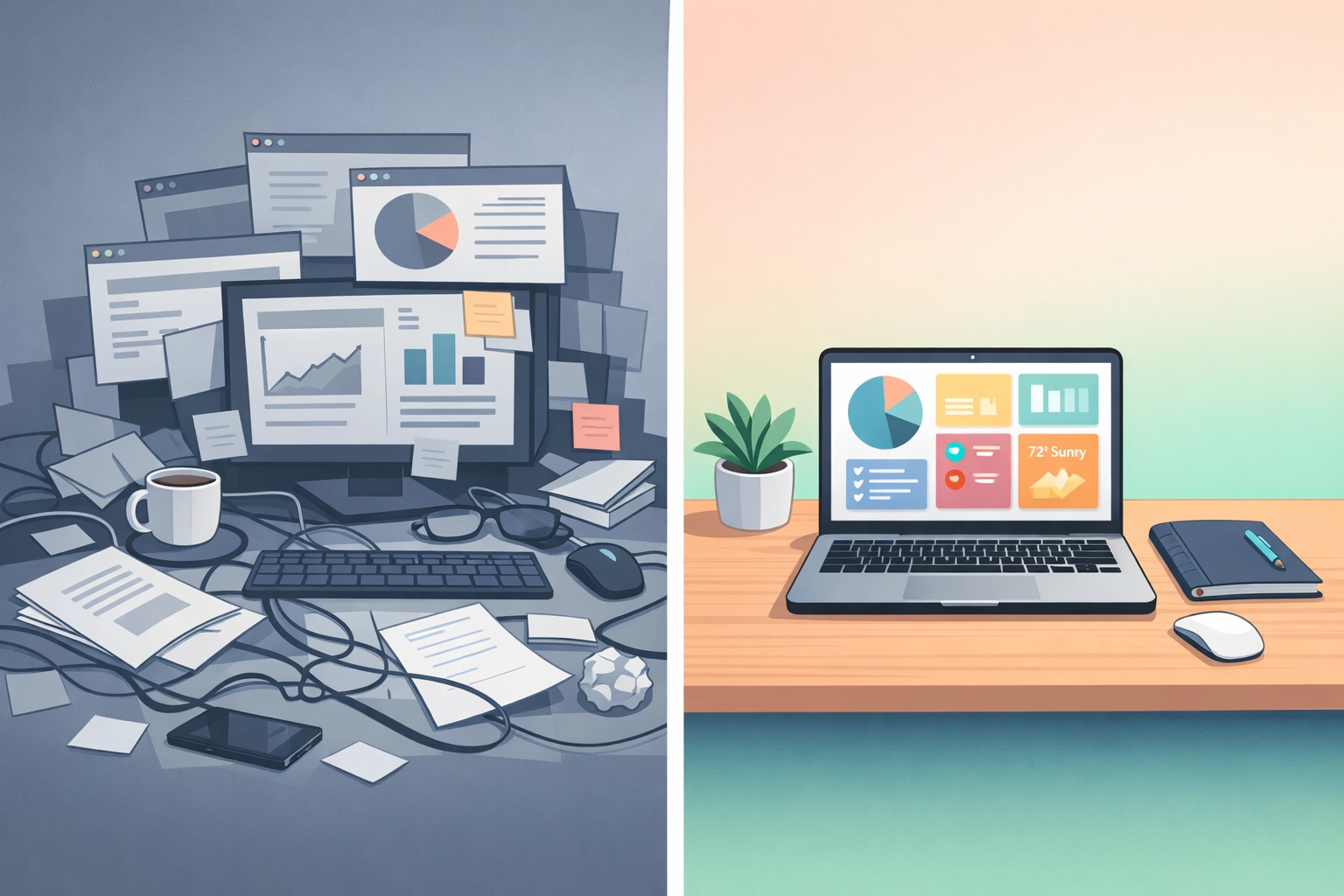 Chaotic workspace with multiple tools transforming into organized unified dashboard for business management