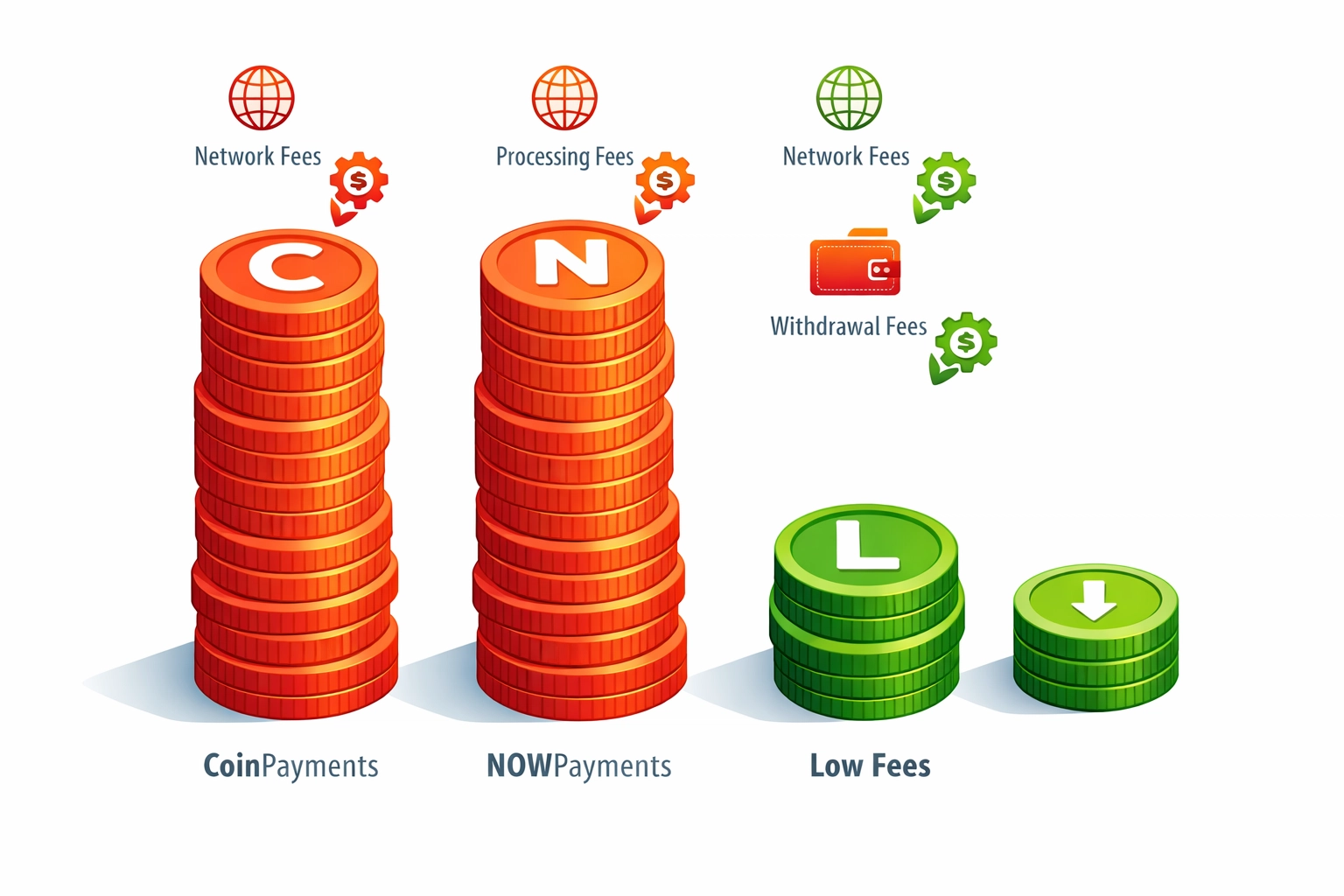 Fee comparison chart showing Larecoin savings vs CoinPayments and NOWPayments costs