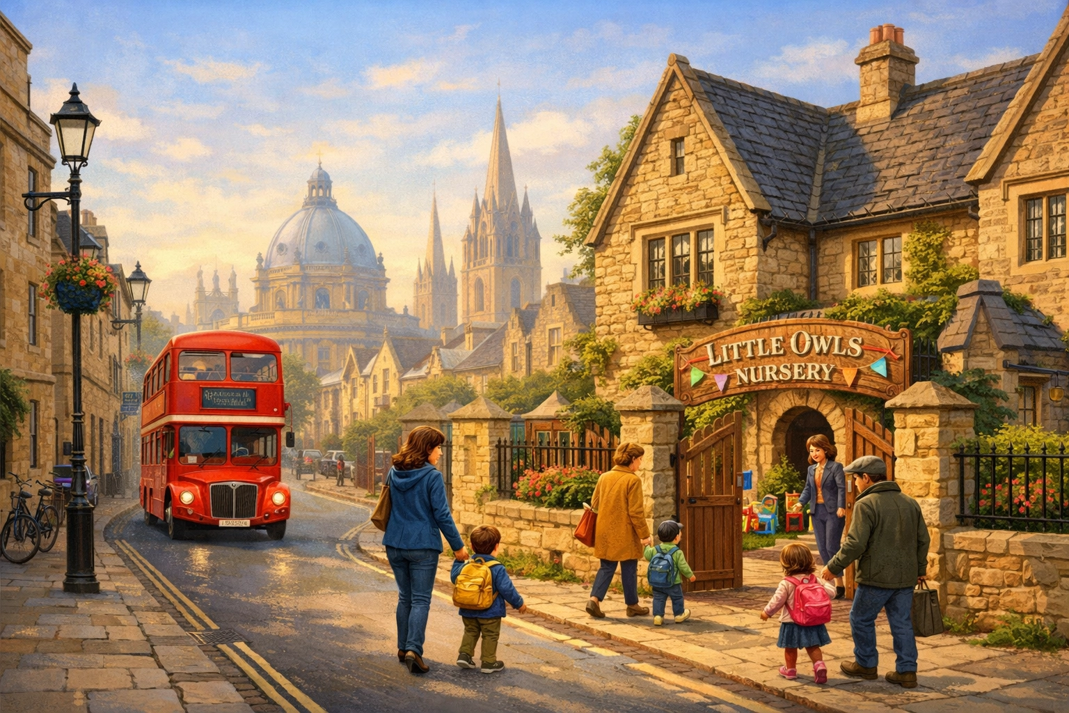 Illustration of an Oxford nursery school on a safe street with a classic British bus.