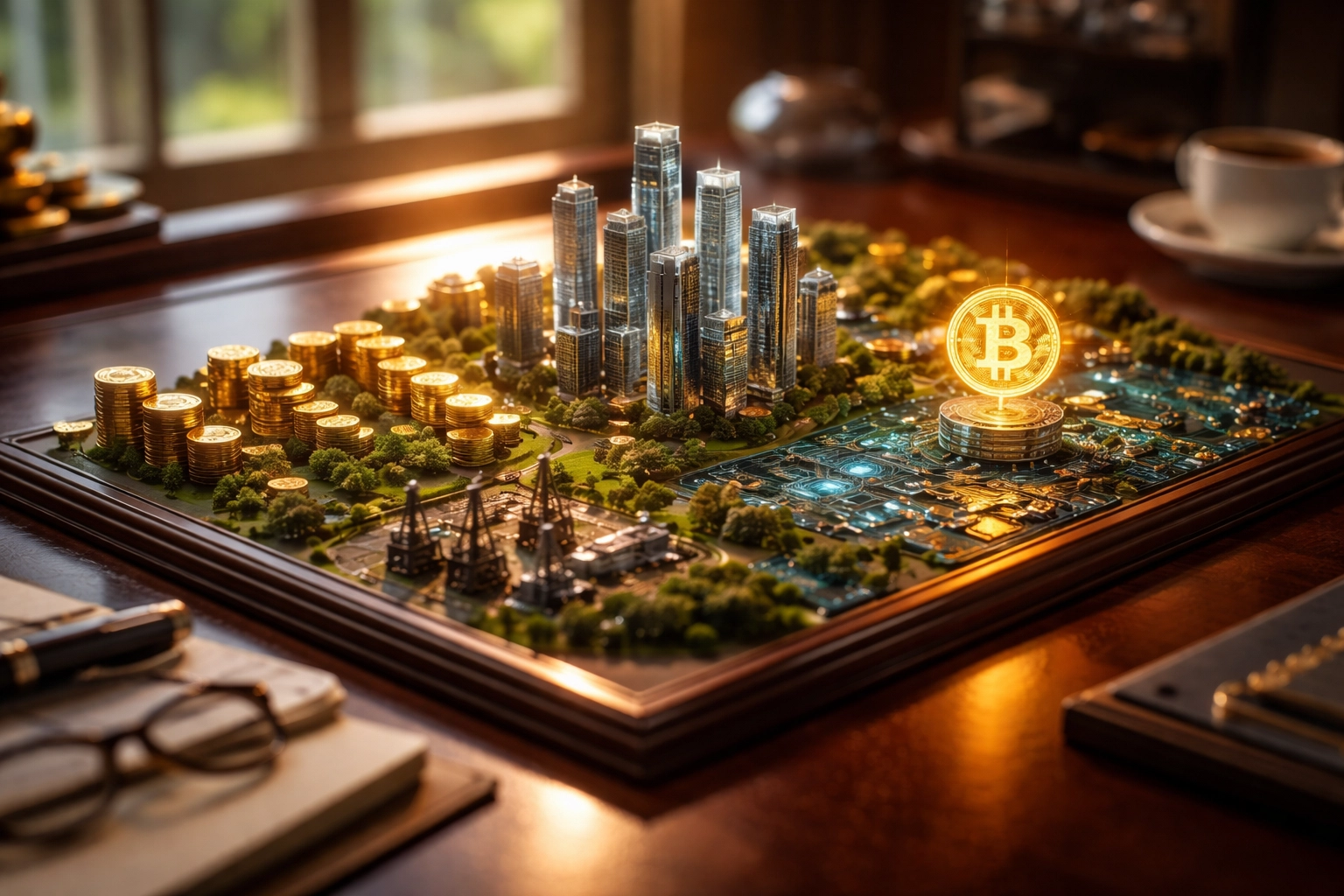 A miniature investment world with real estate, gold, oil, and Bitcoin, illustrating diverse asset opportunities.