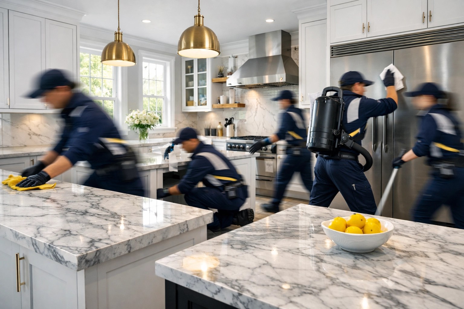 Professional residential cleaning Massachusetts team performing efficient kitchen cleaning in a Dover luxury home.