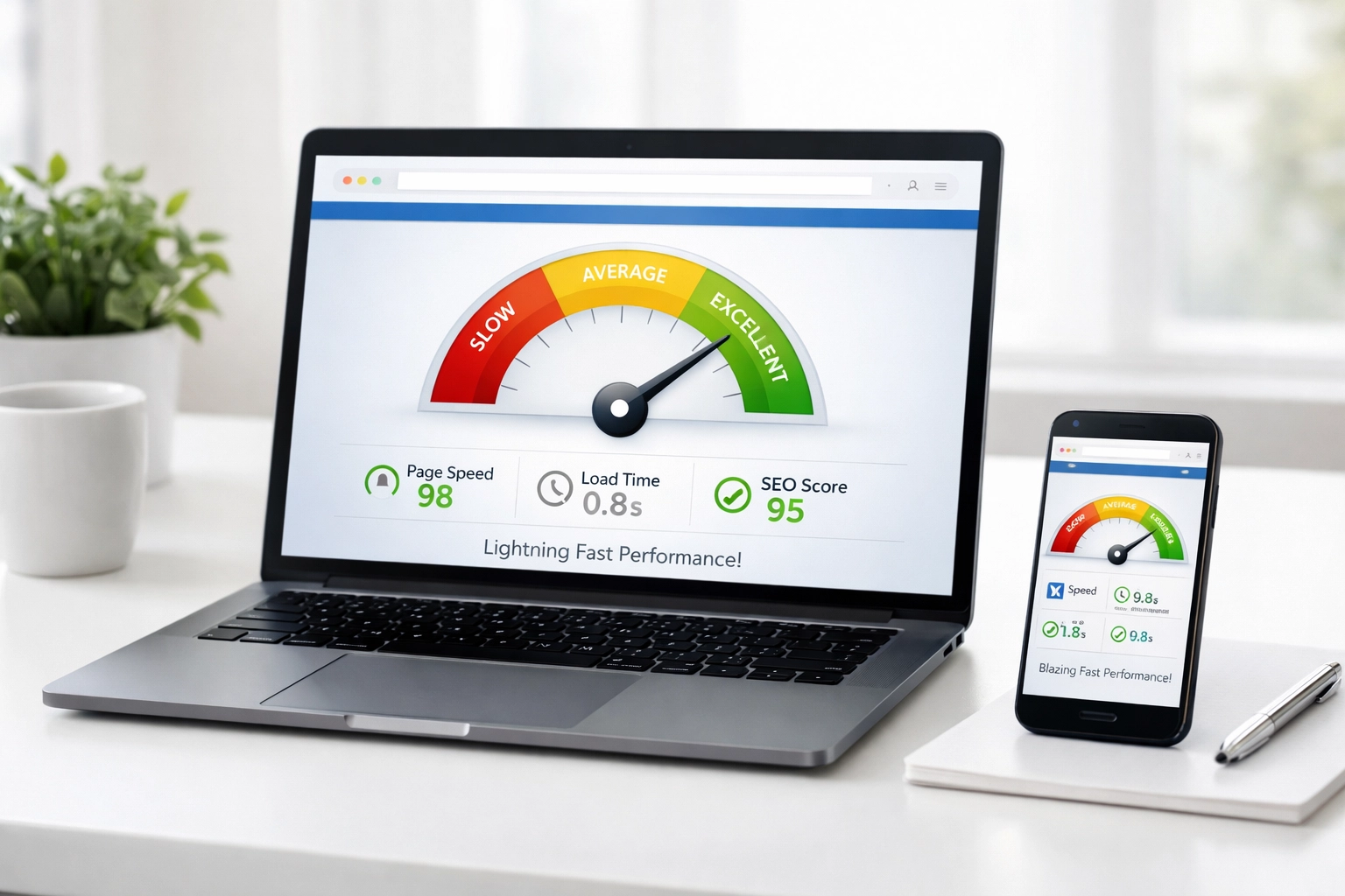 Website speed test dashboard displaying fast loading times on laptop and mobile device