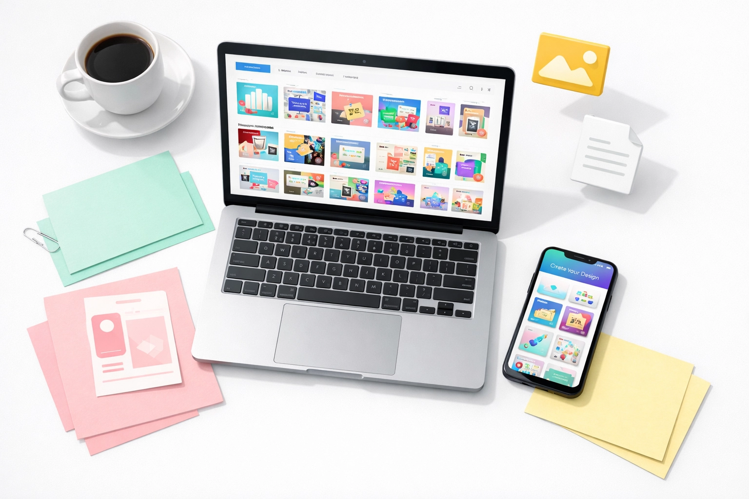 Workspace with Canva templates and digital design mockups for selling online