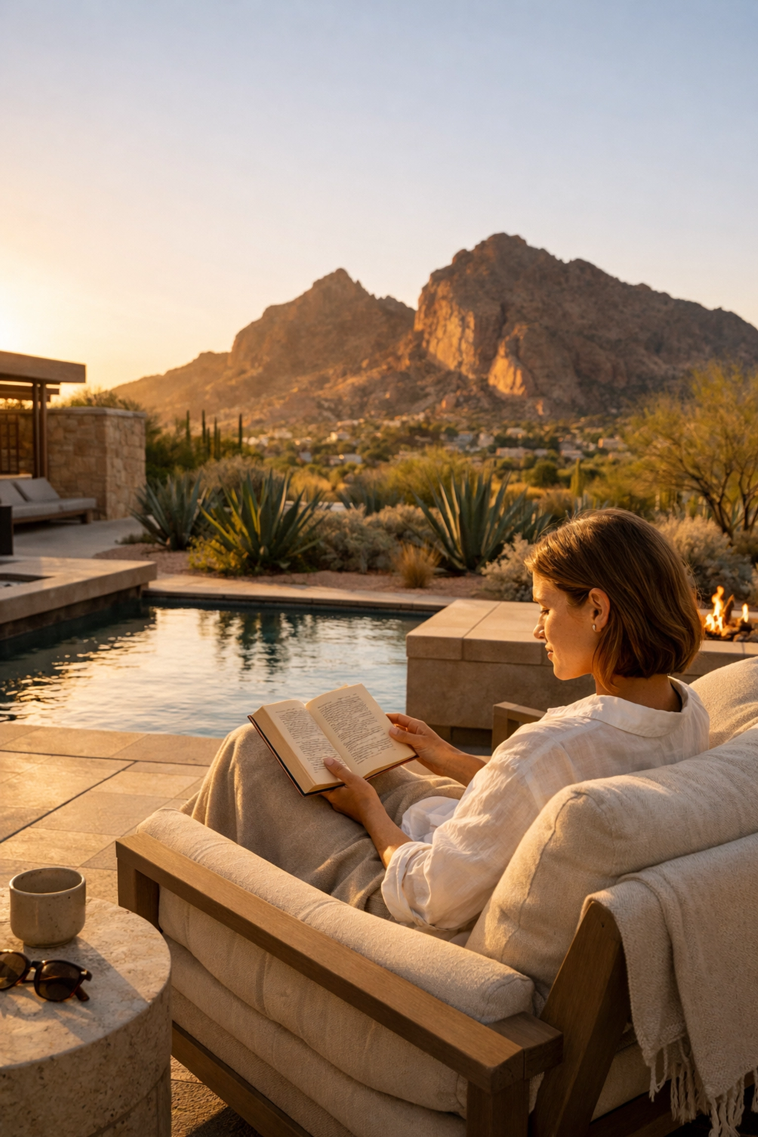 A peaceful evening at a luxury Scottsdale resort patio overlooking Camelback Mountain in Arizona.