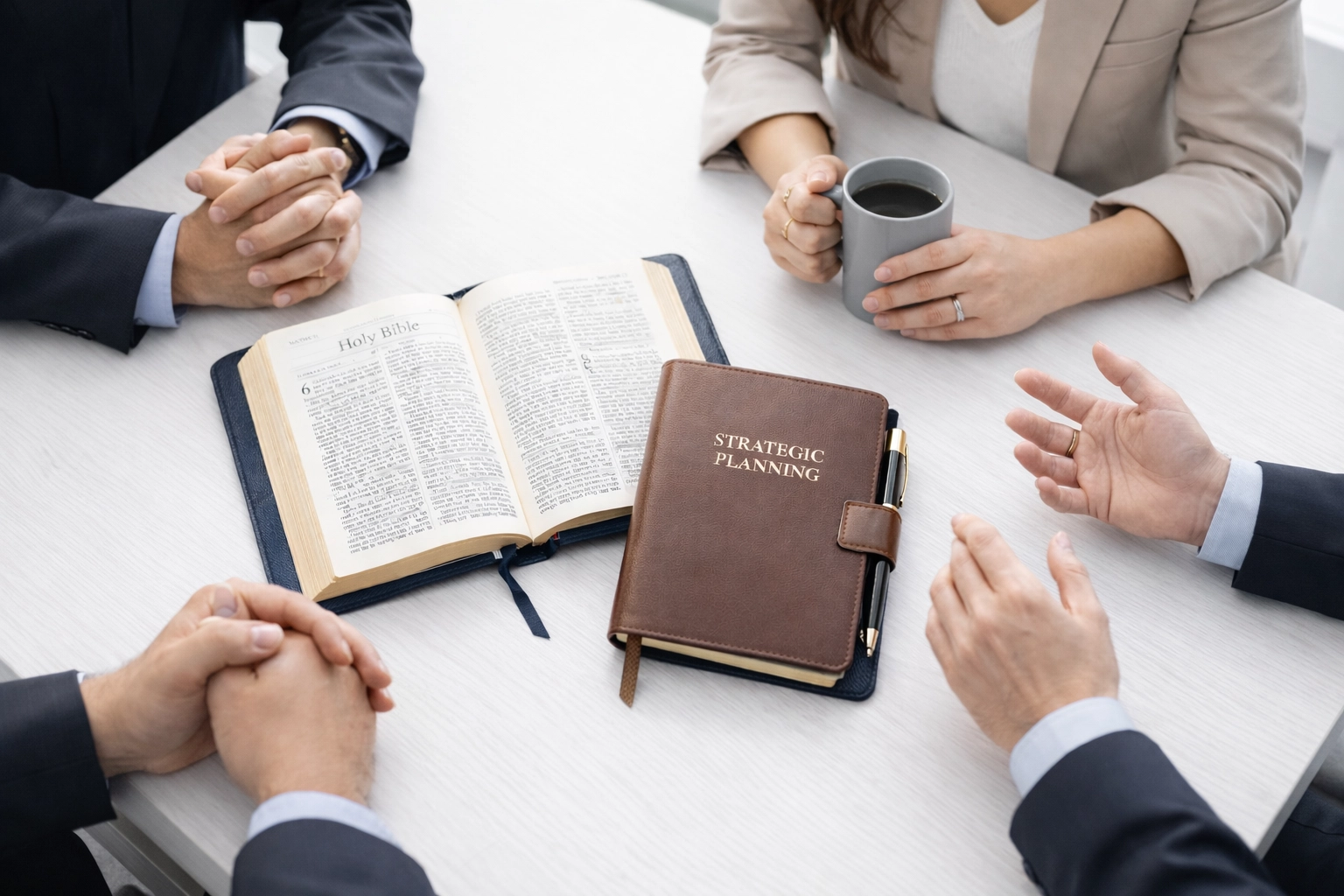 Open Bible beside business notebook showing faith-integrated leadership and biblical decision-making Open Bible beside business notebook showing faith-integrated leadership and biblical decision-making