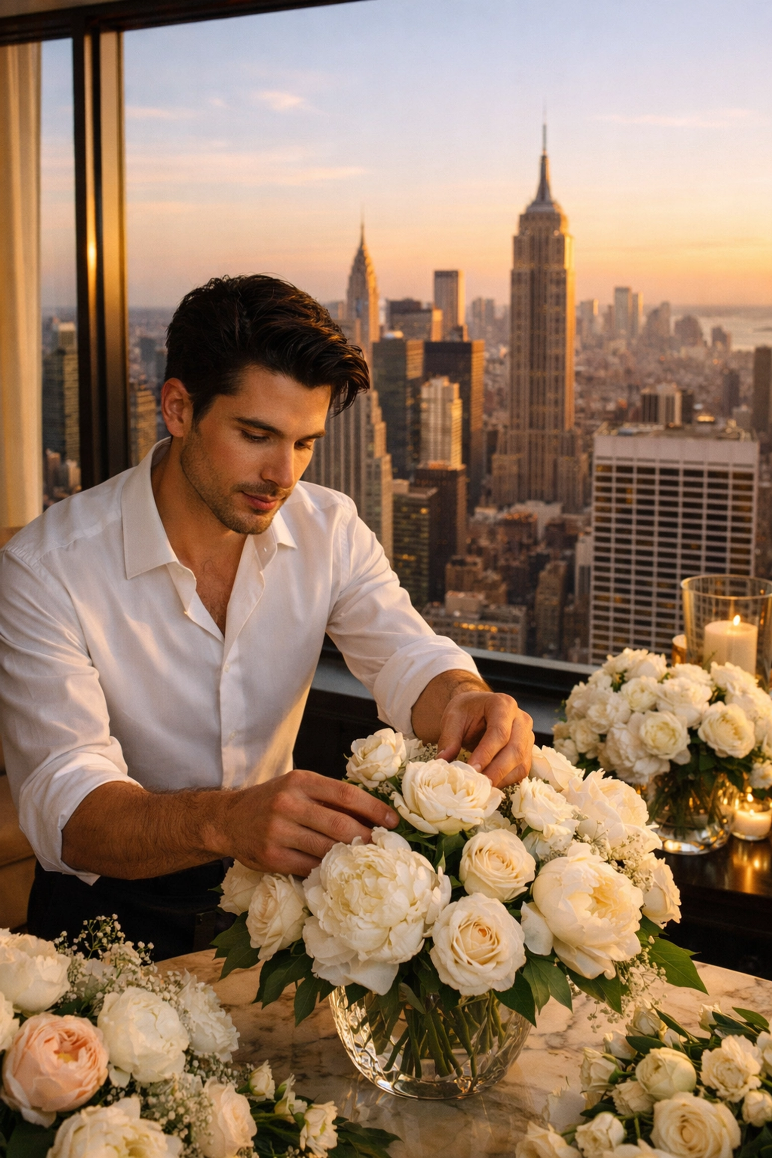 Gay florist arranging luxury peonies and roses in Manhattan penthouse with city skyline view
