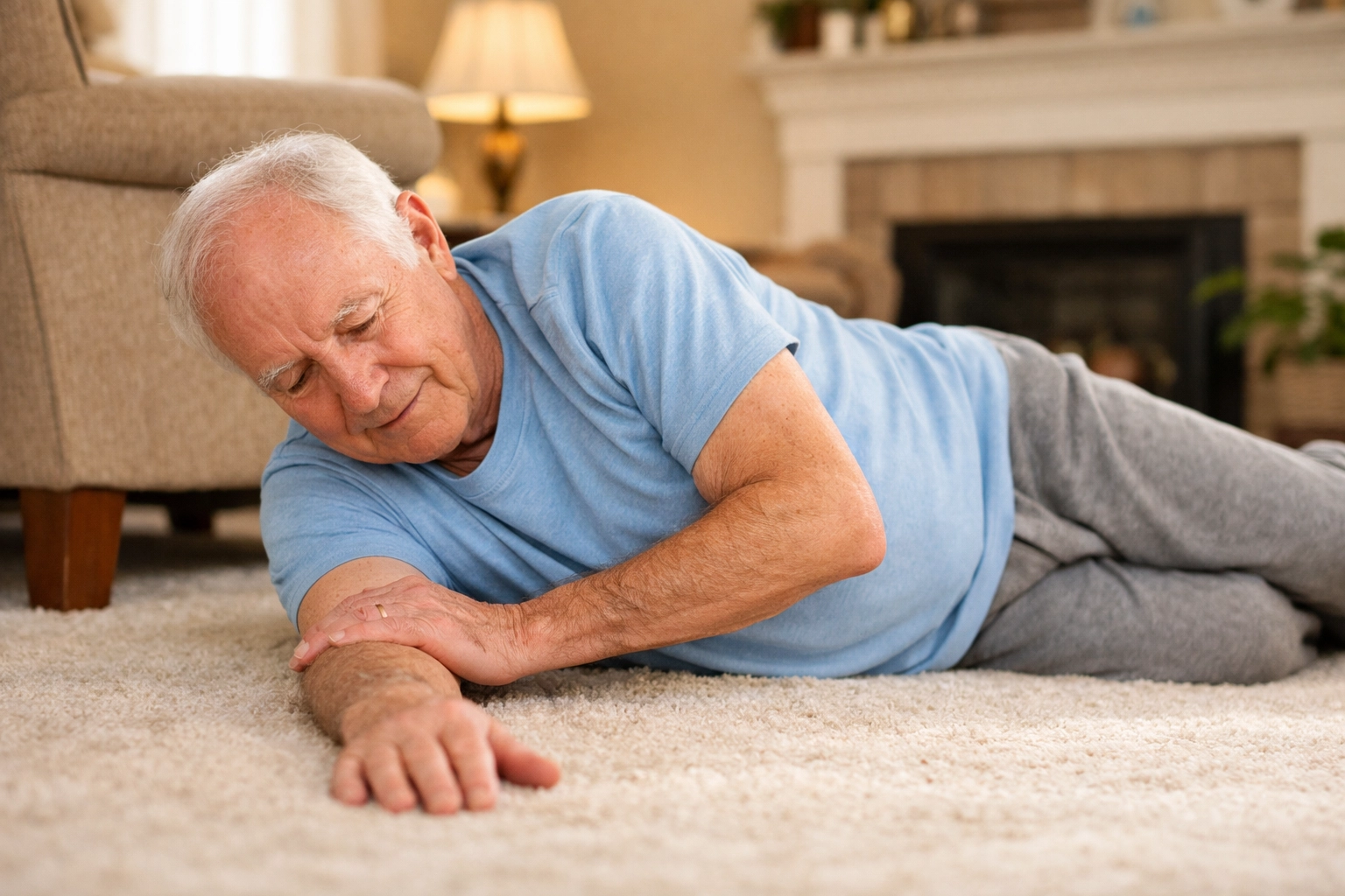 Senior man rolling onto his side from floor after fall, showing safe log-roll technique