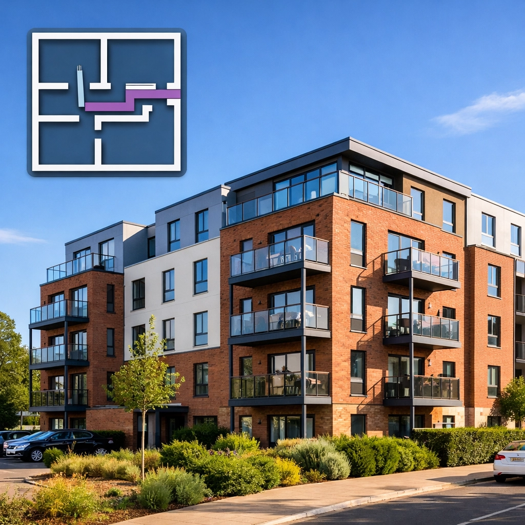 Modern Essex residential building featuring a fire evacuation plan floor plan icon.