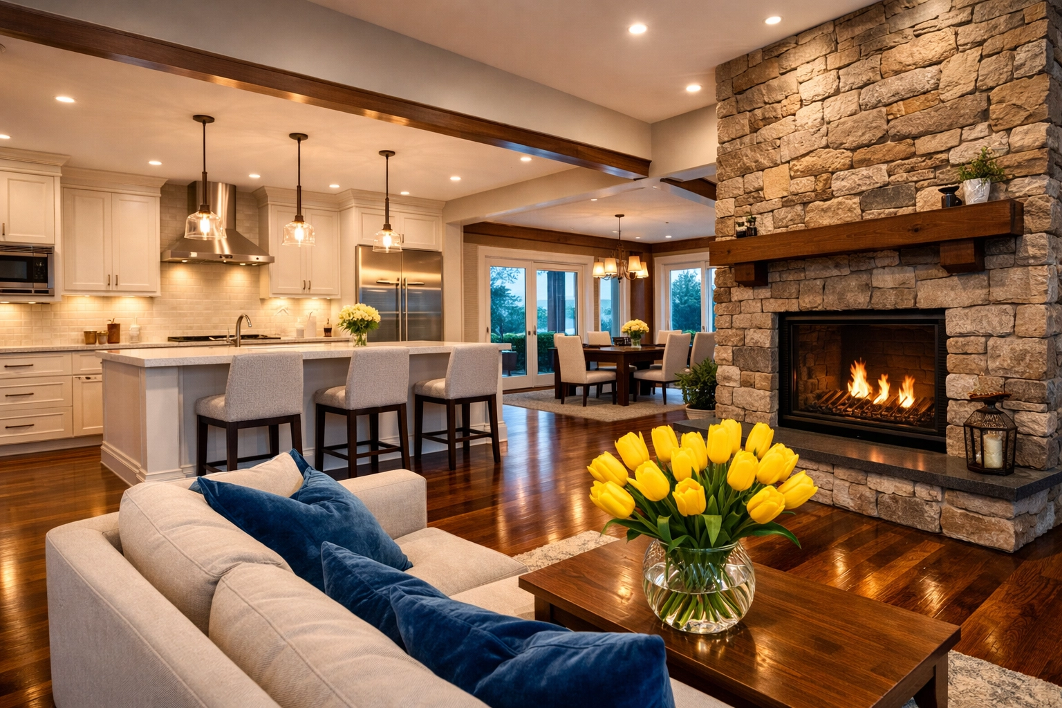 Spotless luxury living space in Massachusetts illustrating expert surface care during house cleaning in Townsend MA.