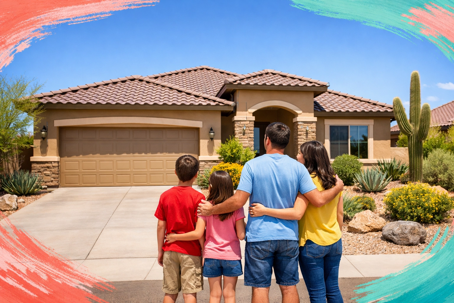 Family viewing modern Peoria AZ home with desert landscaping at median $599k price point