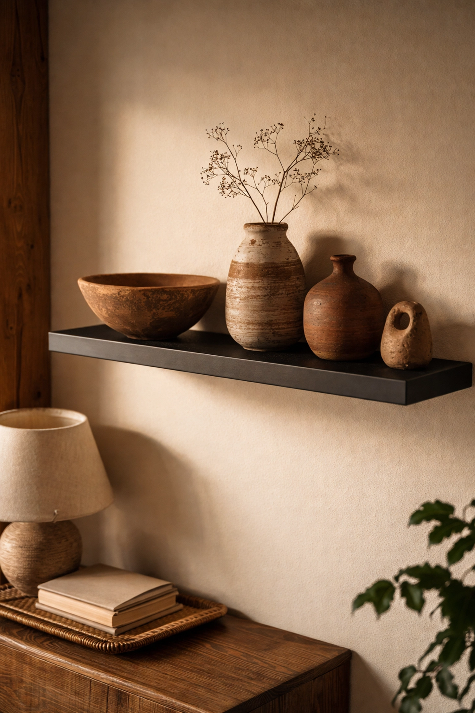 Floating metal shelf with handmade pottery and sculptures demonstrates using textural contrast to blend artisan and store-bought home decor.