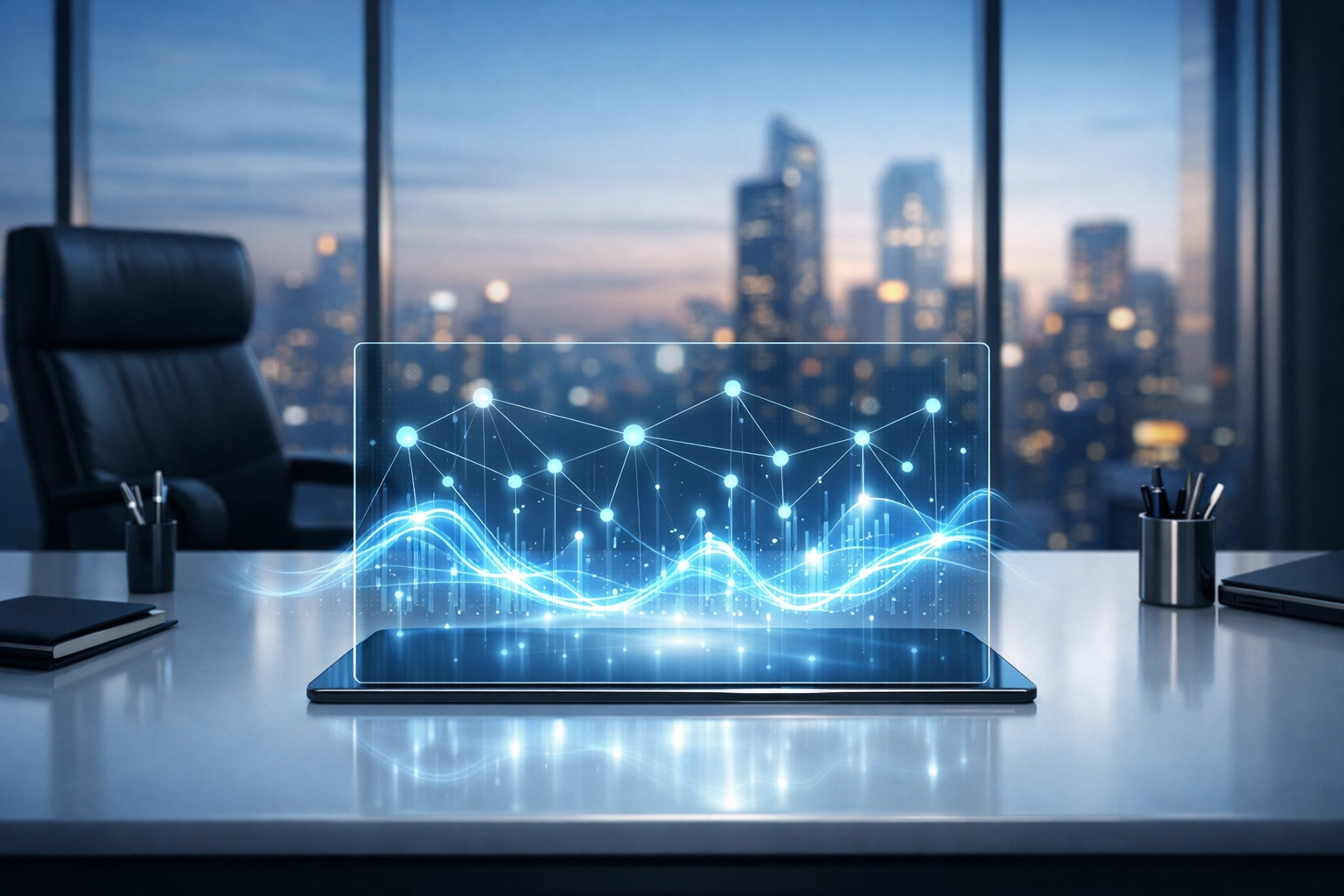 Modern executive workspace illustrating the synergy between human strategy and bespoke AI automation.