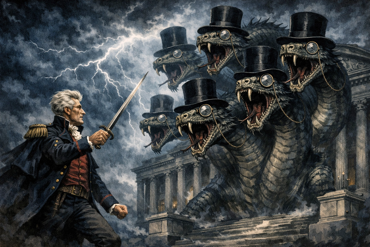 Andrew Jackson battling the Second Bank hydra representing his war against central banking