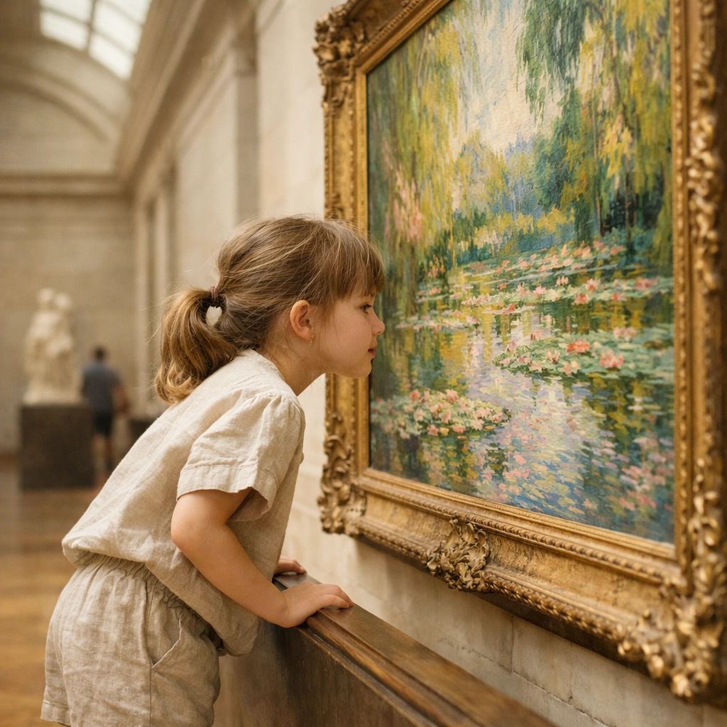 A young girl admiring an impressionist painting during a kid-friendly nyc museum tour.