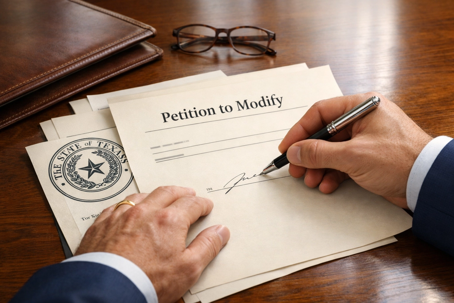 Signing child support modification petition with Texas court documents