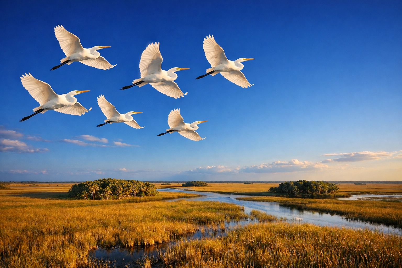 Great Egrets flying over the Everglades River of Grass, capturing a classic Florida bird photography moment.