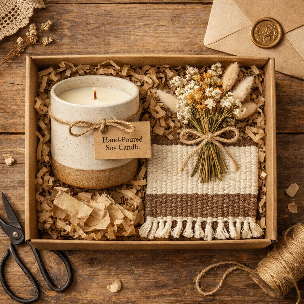 Beautifully packaged artisan gift box with a soy candle and dried flowers for Mother's Day 2026.