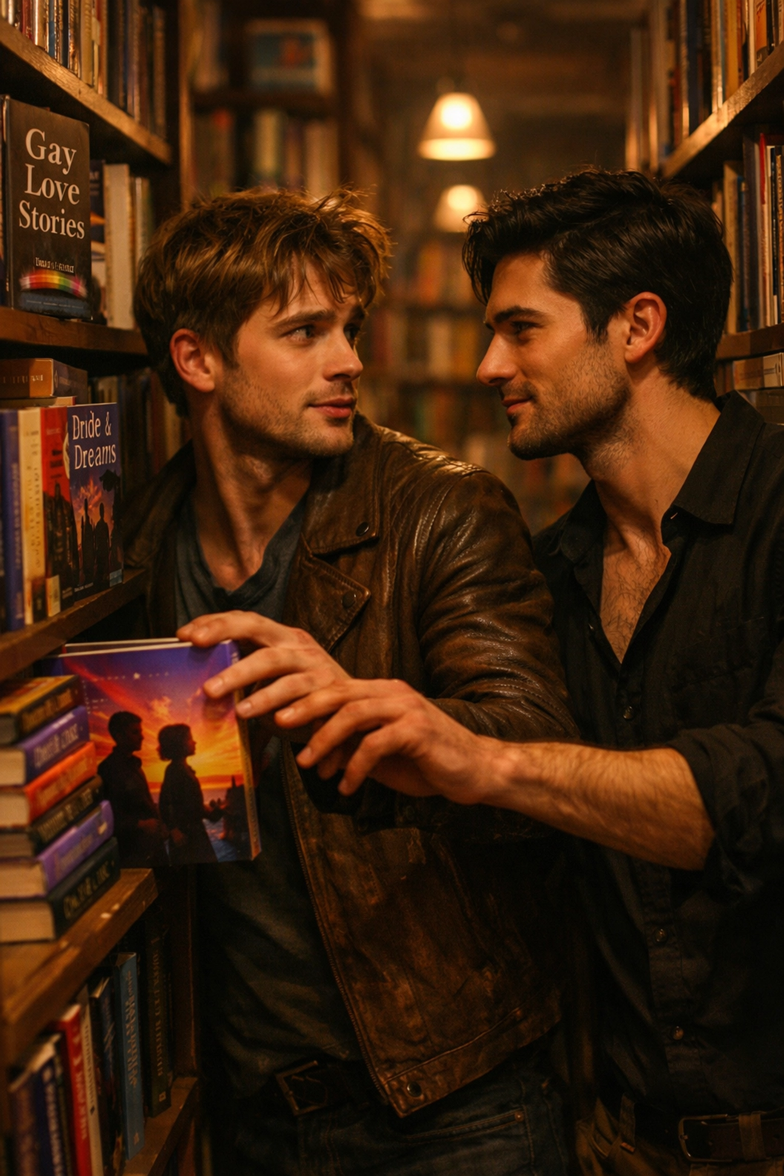 Two men experiencing a romantic meet-cute in a bookstore while reaching for a queer fiction novel.