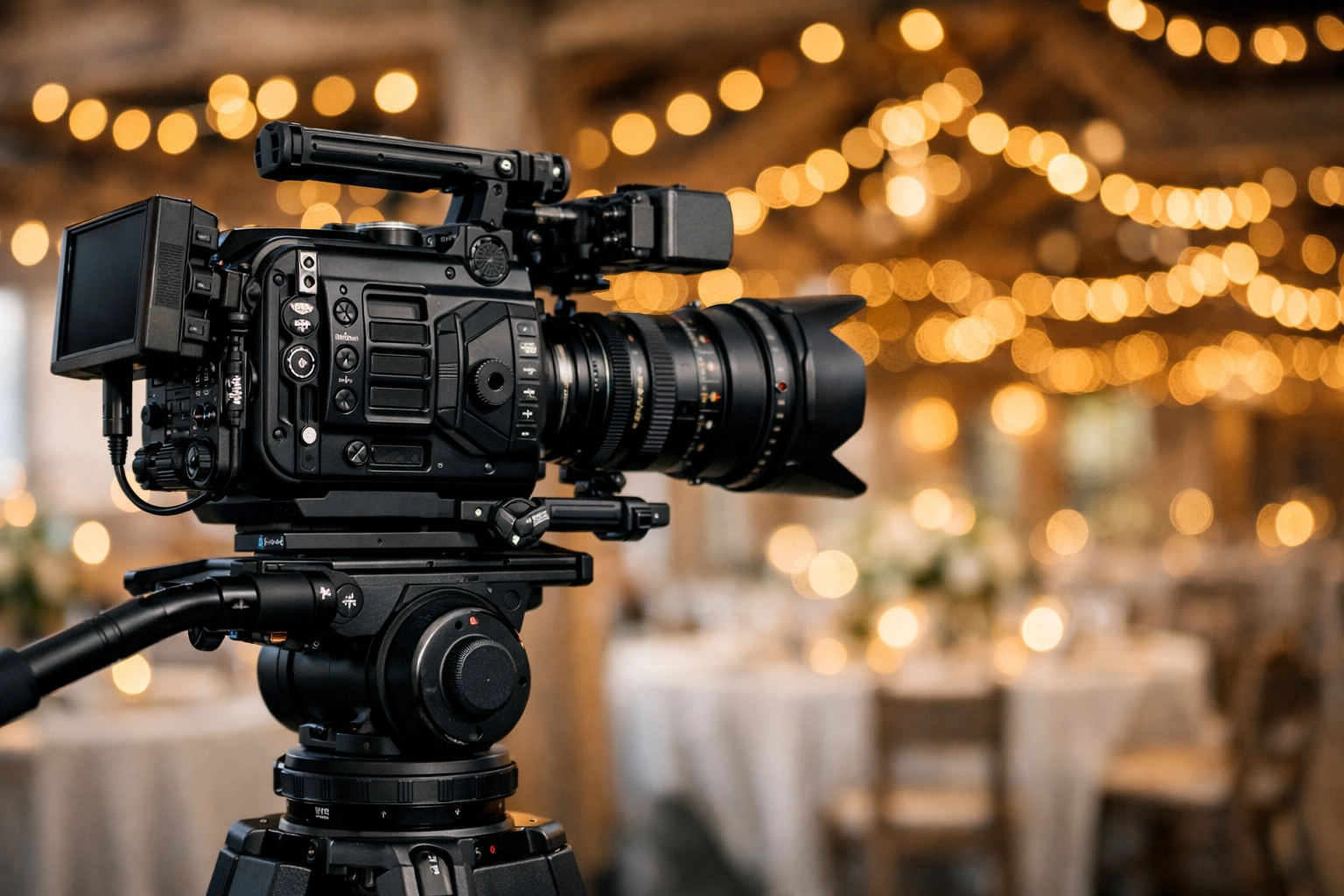 Professional video camera on a tripod at a wedding reception for high-quality DIY videography rentals.