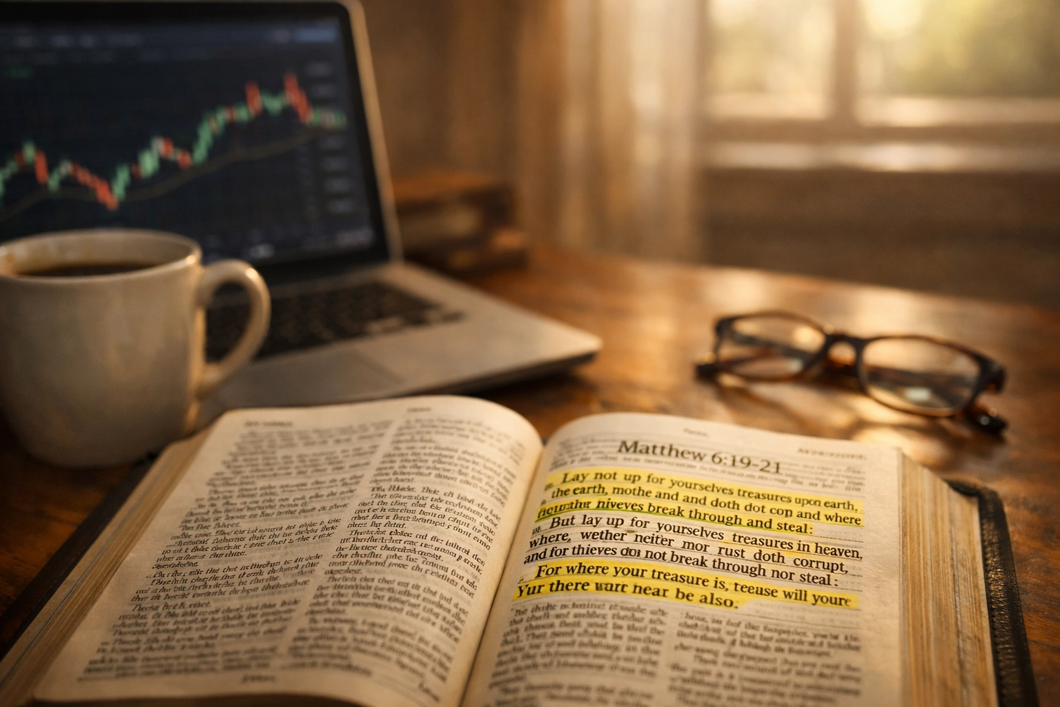 Open Bible with Matthew 6:19-21 beside laptop showing stock chart and coffee