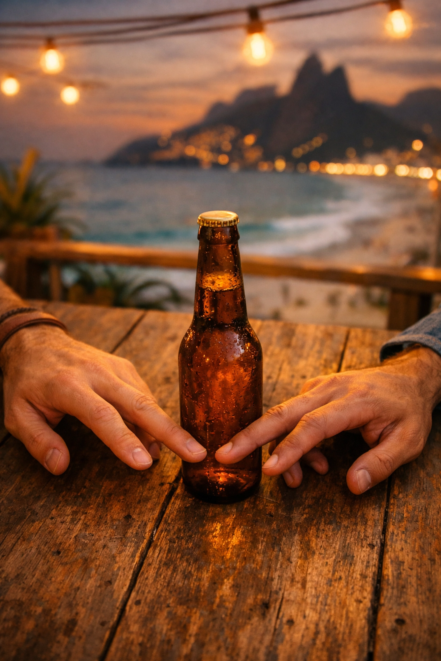 Close-up of two men's hands nearly touching over beer bottles showing quiet intimacy in gay romance