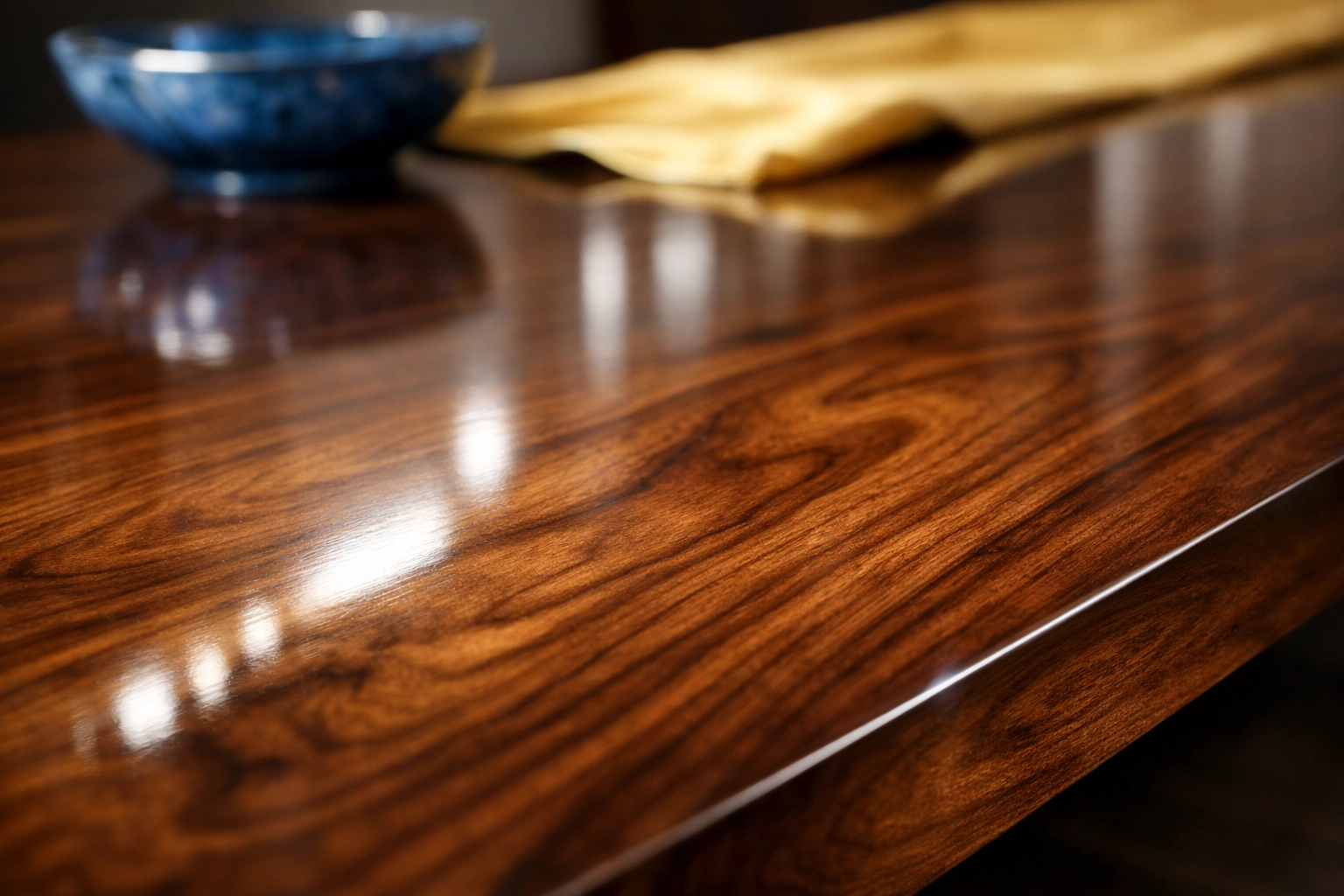 Detailed view of a polished walnut table reflecting high-end residential cleaning Massachusetts quality.
