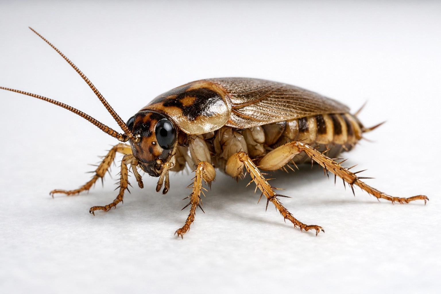 Detailed macro view of a German Cockroach (Blattella germanica) highlighting pest identification.