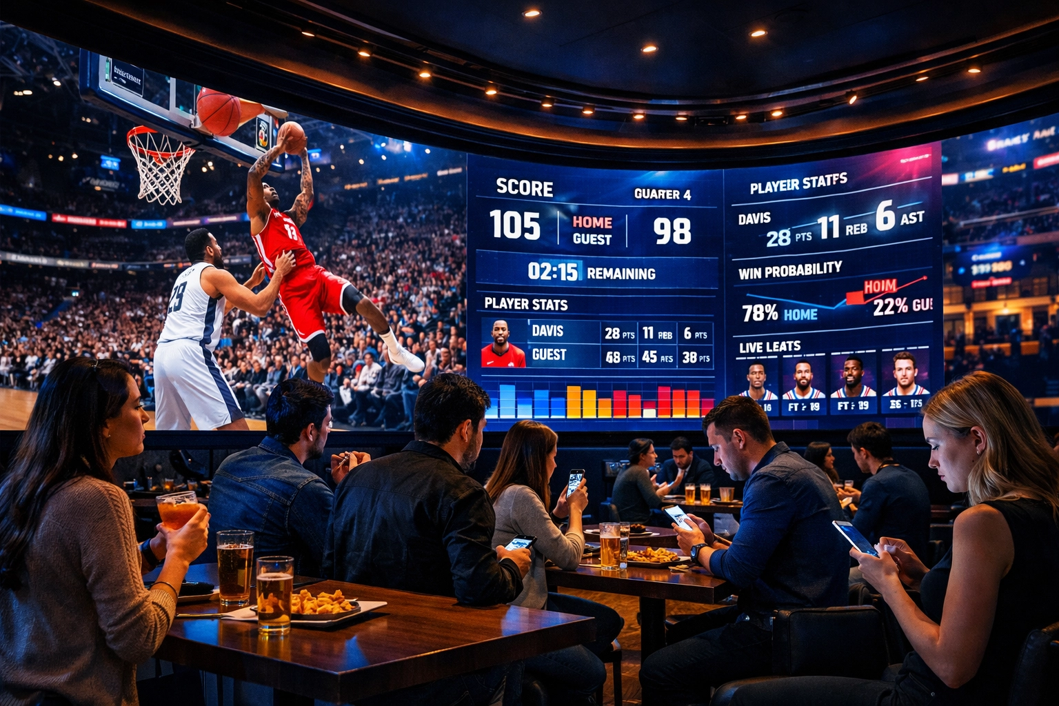 Fans in a modern sports bar watching live basketball on large digital displays and interacting with second screens.