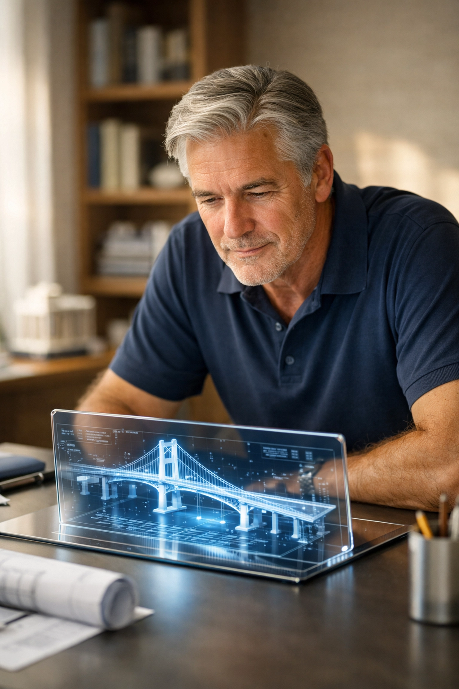 A retired engineer reviewing an engineered financial architecture plan for a secure retirement strategy.