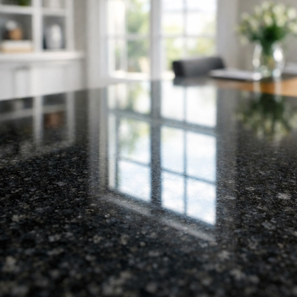 Detailed view of a streak-free granite countertop from The Cleaning Ninjas in Worcester Massachusetts.