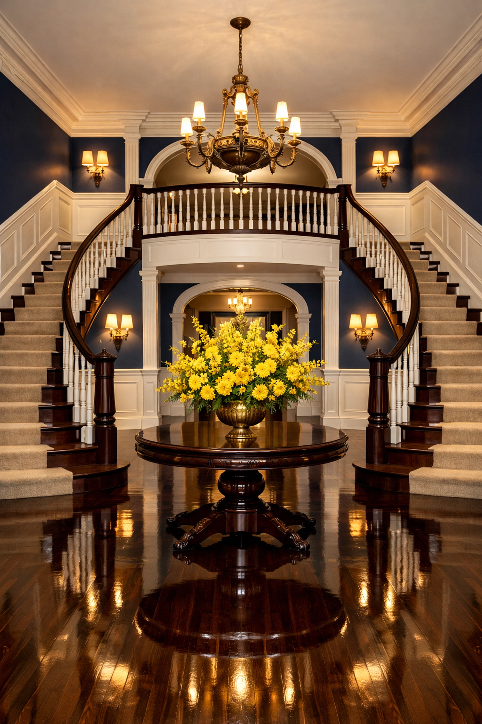 Grand foyer of a Weston manor with shining wood floors and a staircase, ready for guests and luxury living.