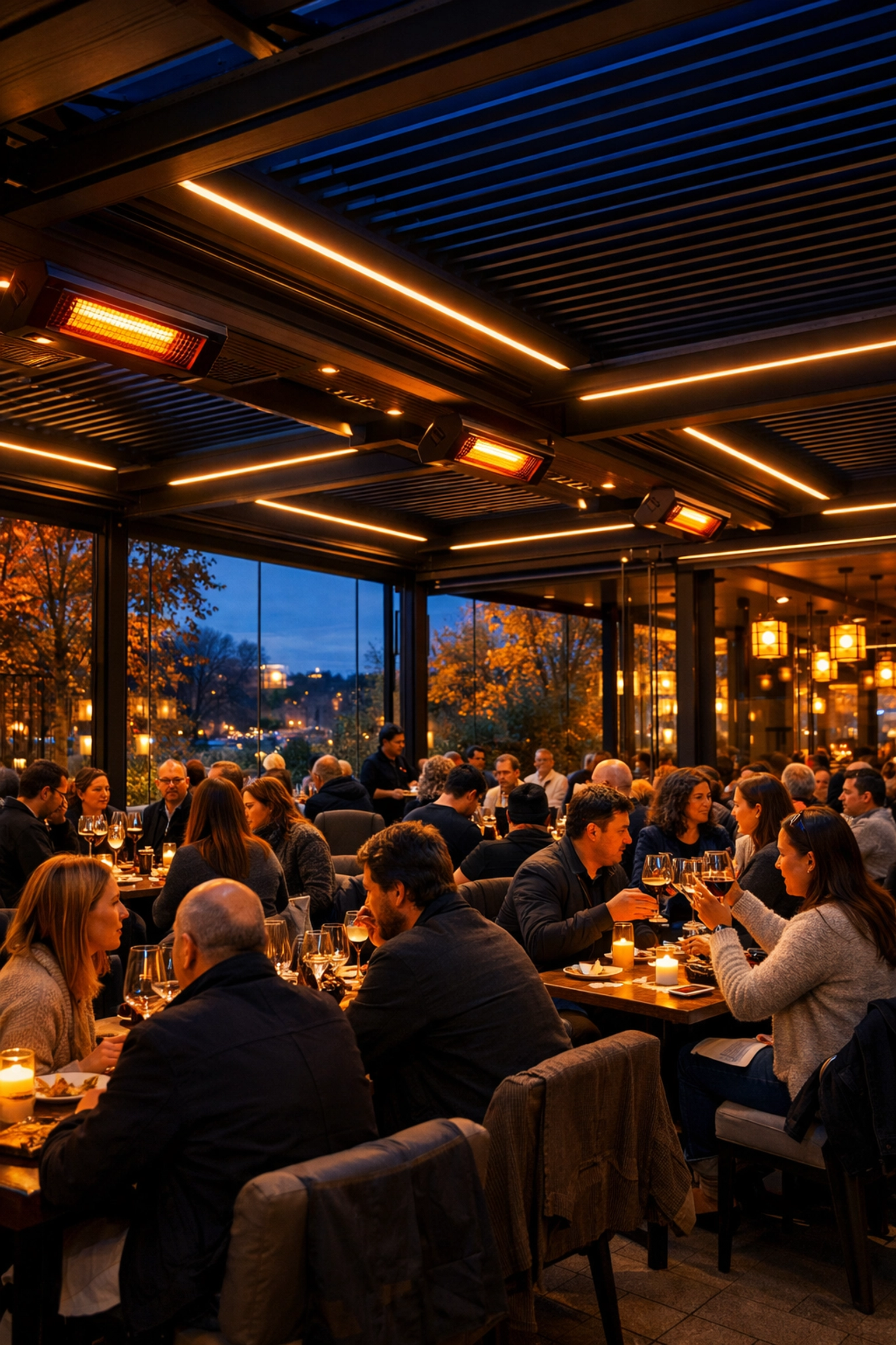 Busy restaurant terrace with all-weather louvered roof and heaters increasing winter seating capacity.