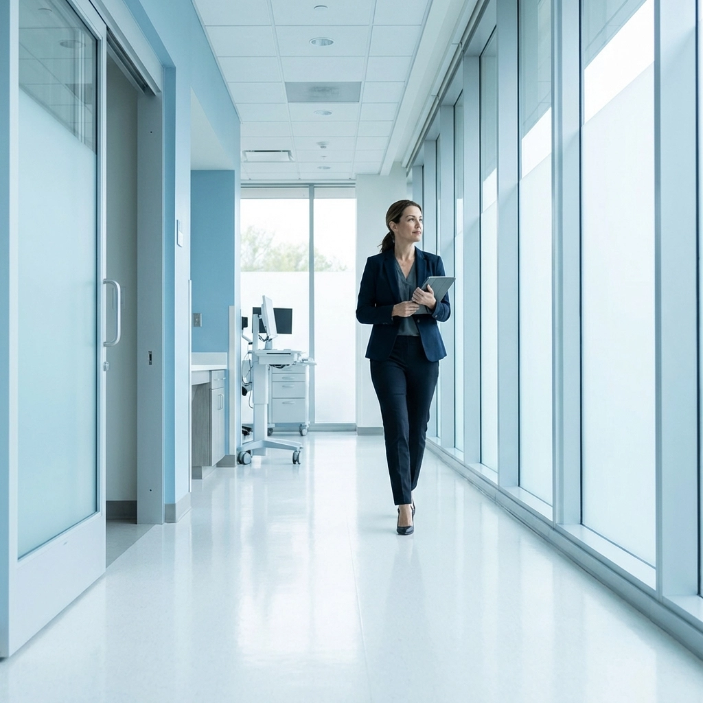 Healthcare administrator reviewing ASC readiness for CMS 2026 rule changes in a bright facility corridor