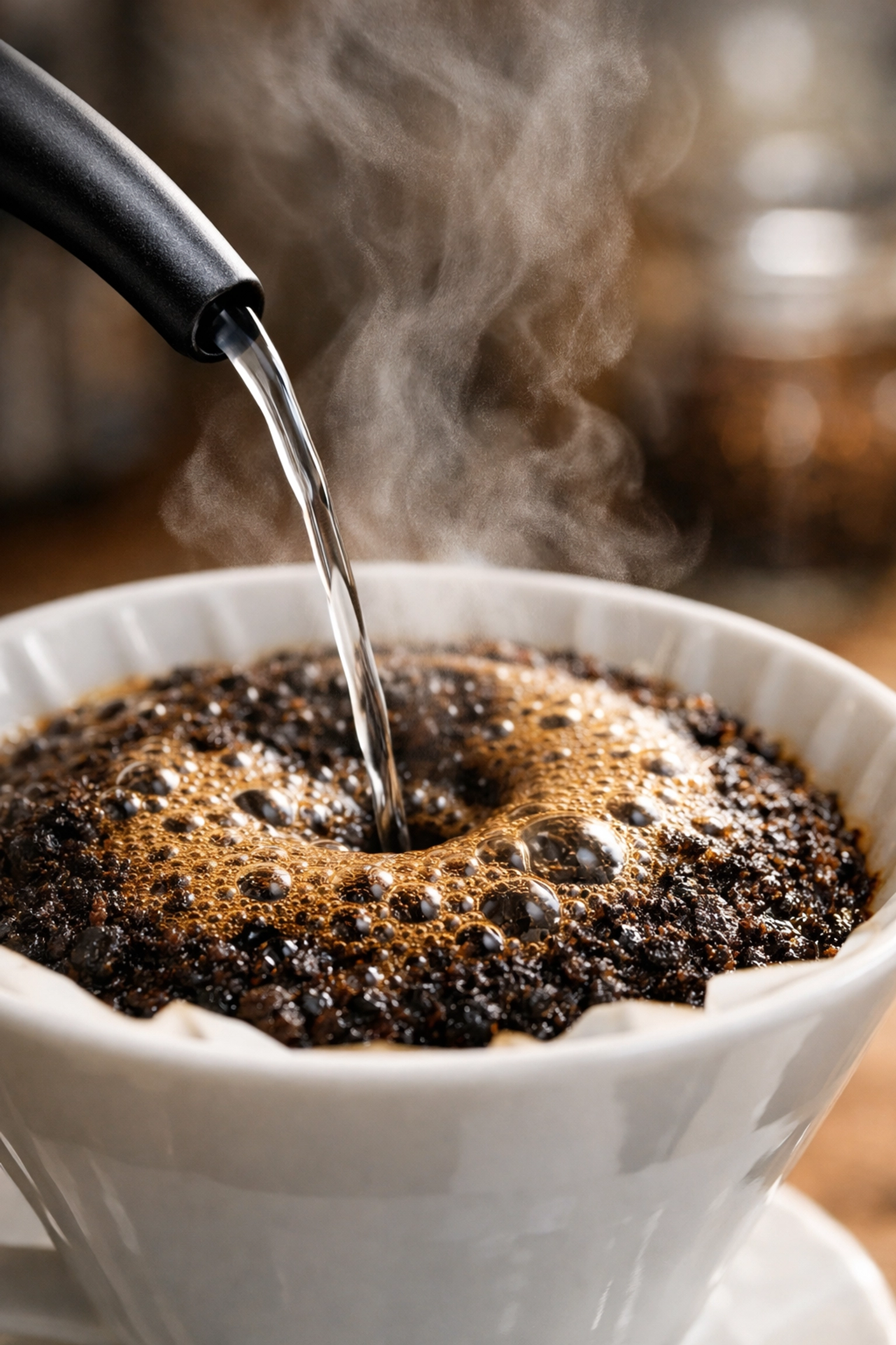 Freshly roasted coffee grounds blooming in a pour-over dripper to release carbon dioxide gases.