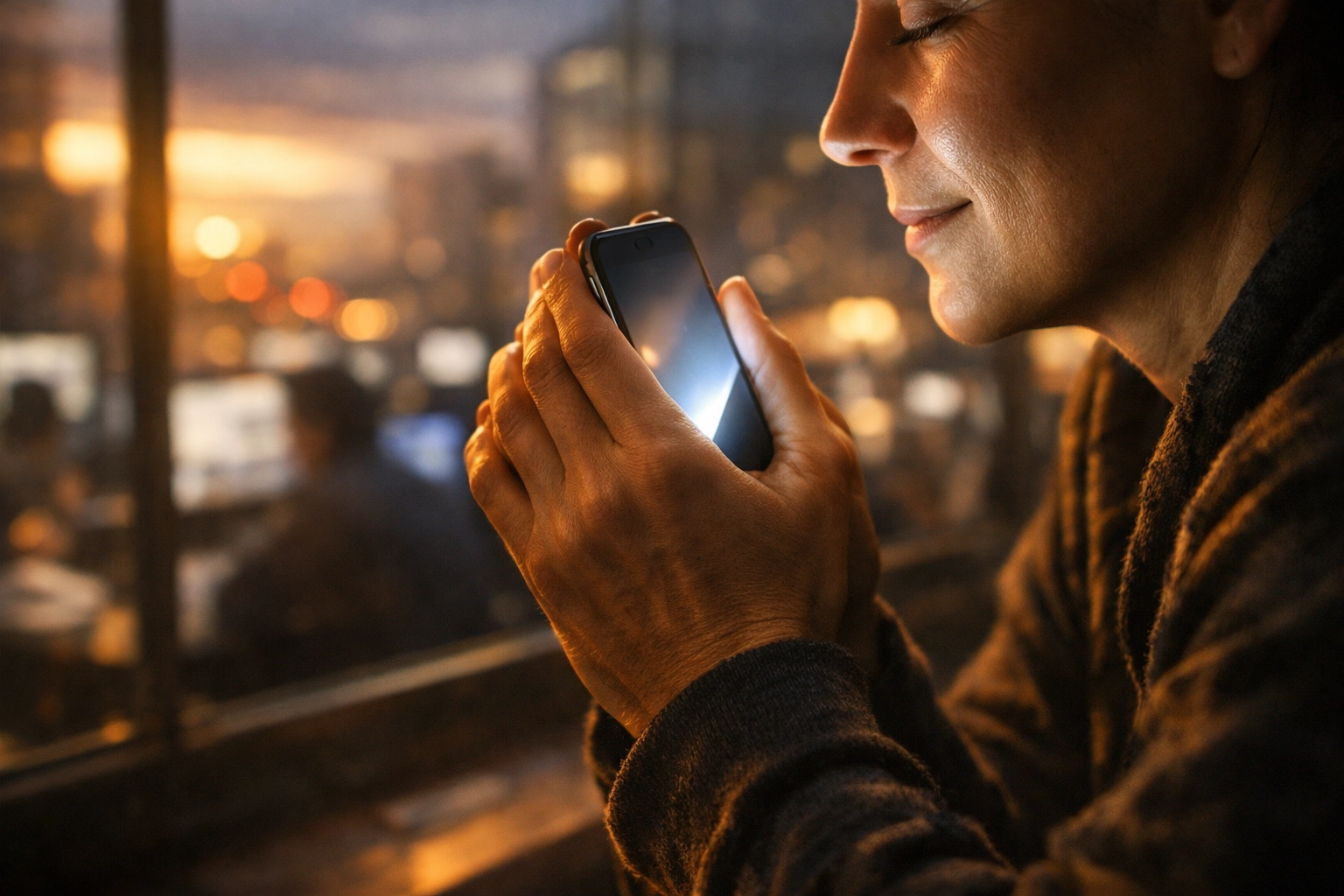 Hands in prayer holding smartphone reflecting light and hope amid news consumption
