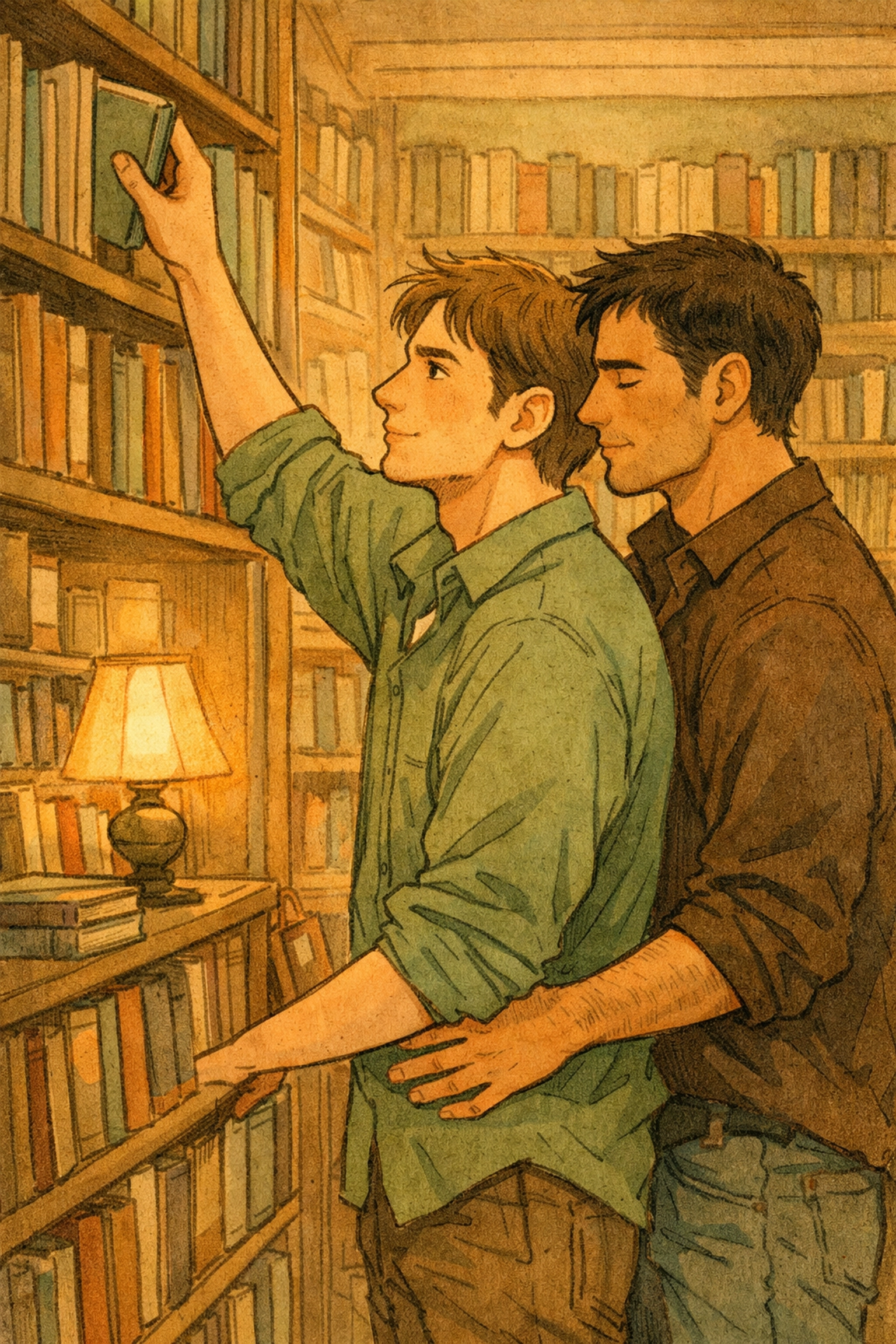 Gay couple embracing in cozy bookstore surrounded by LGBTQ literature and MM romance novels