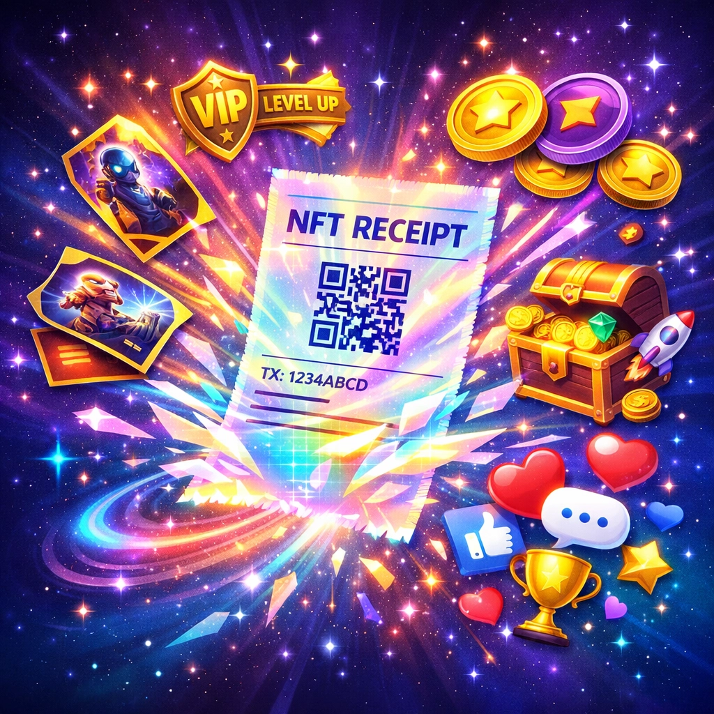 NFT receipt transforming into loyalty rewards and collectible tokens for crypto payments