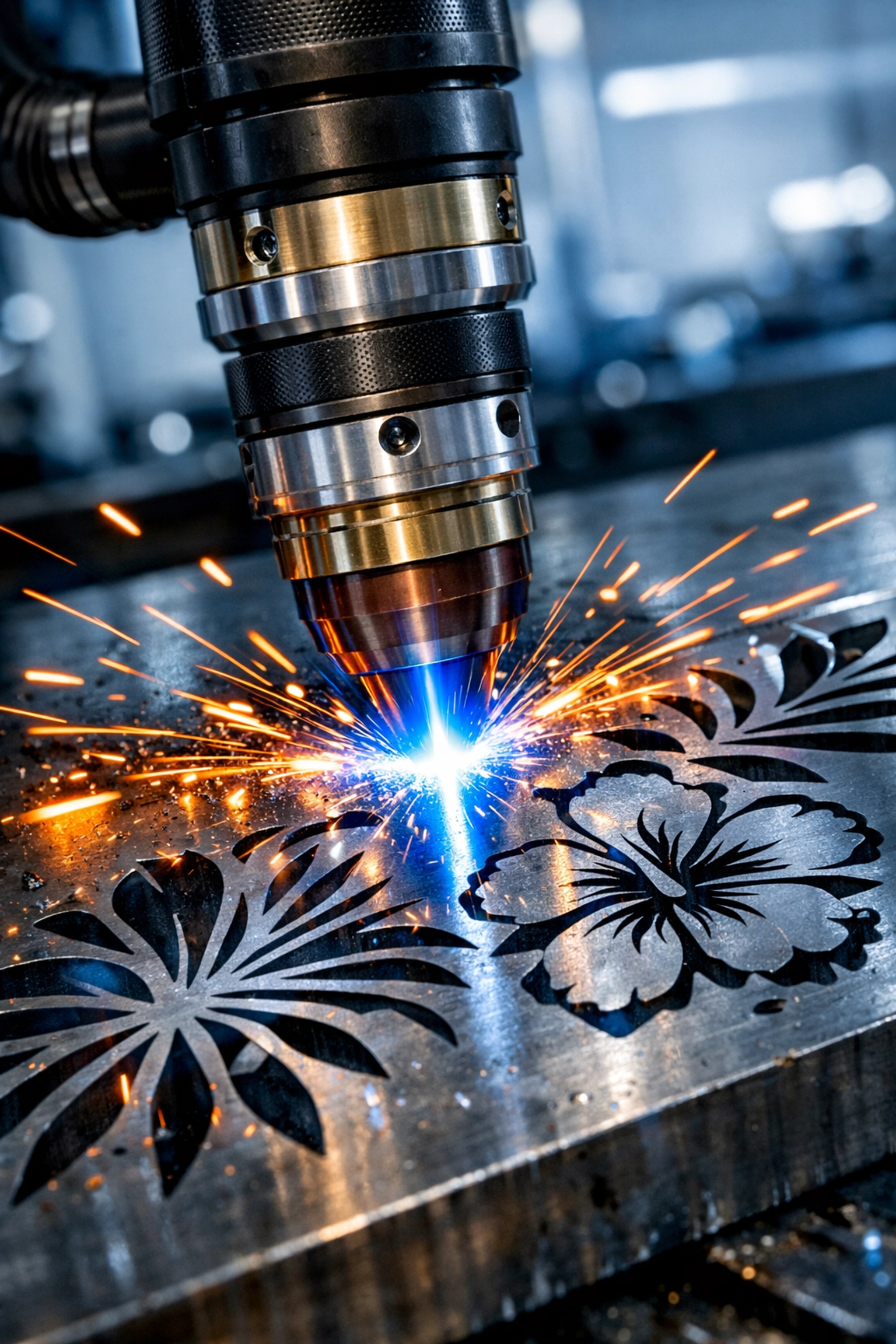 CNC plasma torch cutting custom metal art and signage in a Kona Hawaii workshop.