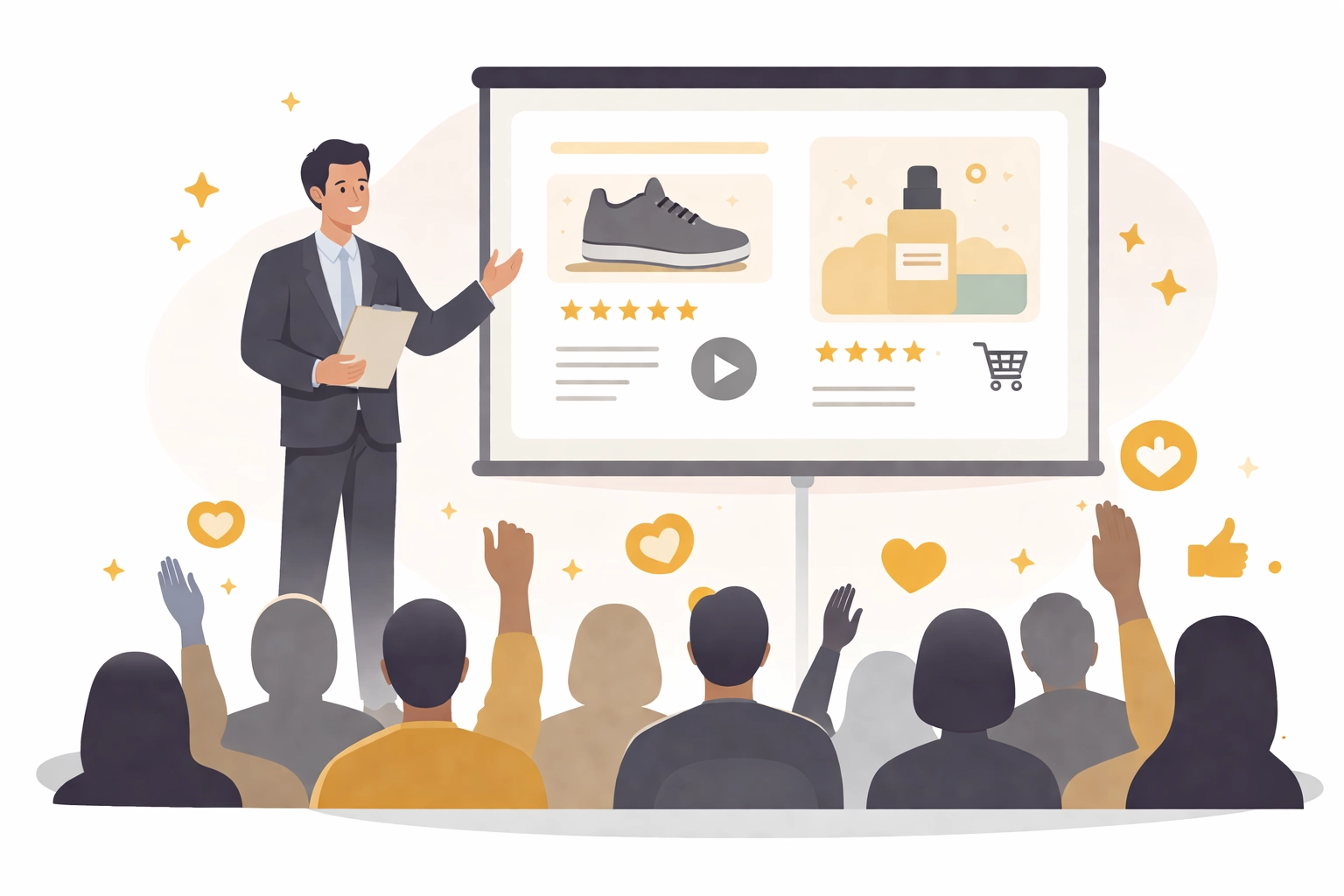 Presenter demonstrating products live to an engaged virtual audience, emphasizing real-time interaction and conversions.