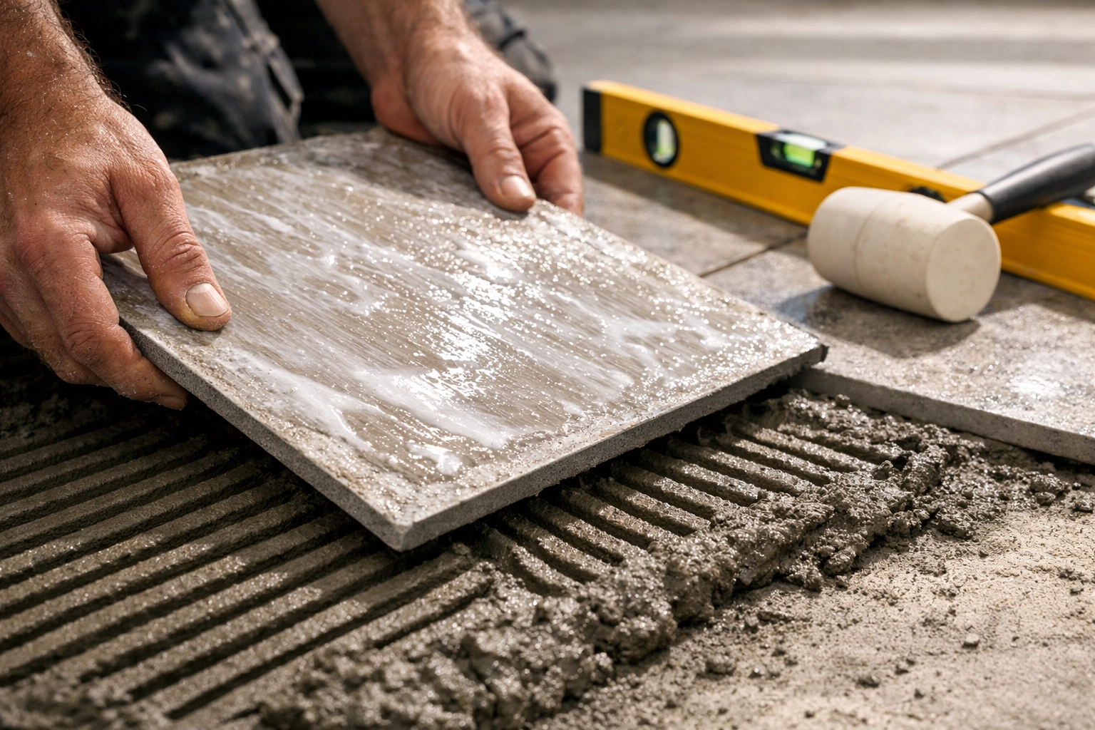 JJPM team laying a porcelain patio slab with professional primer for long-lasting durability.