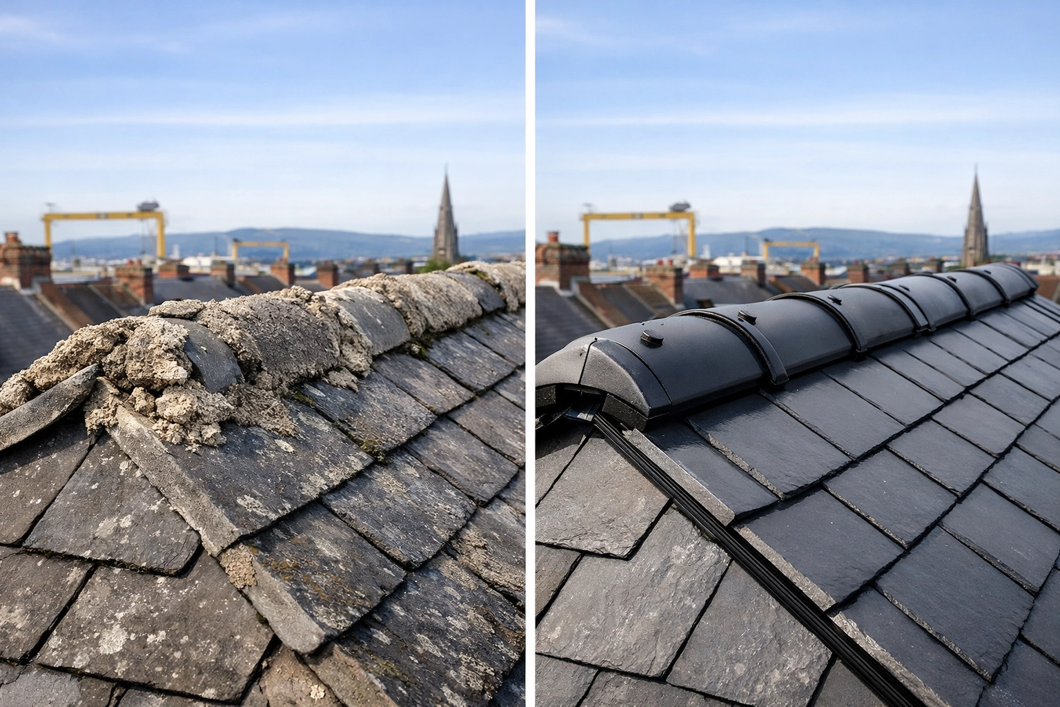 Comparison of cracked mortar ridge versus modern dry ridge system on Belfast roofs