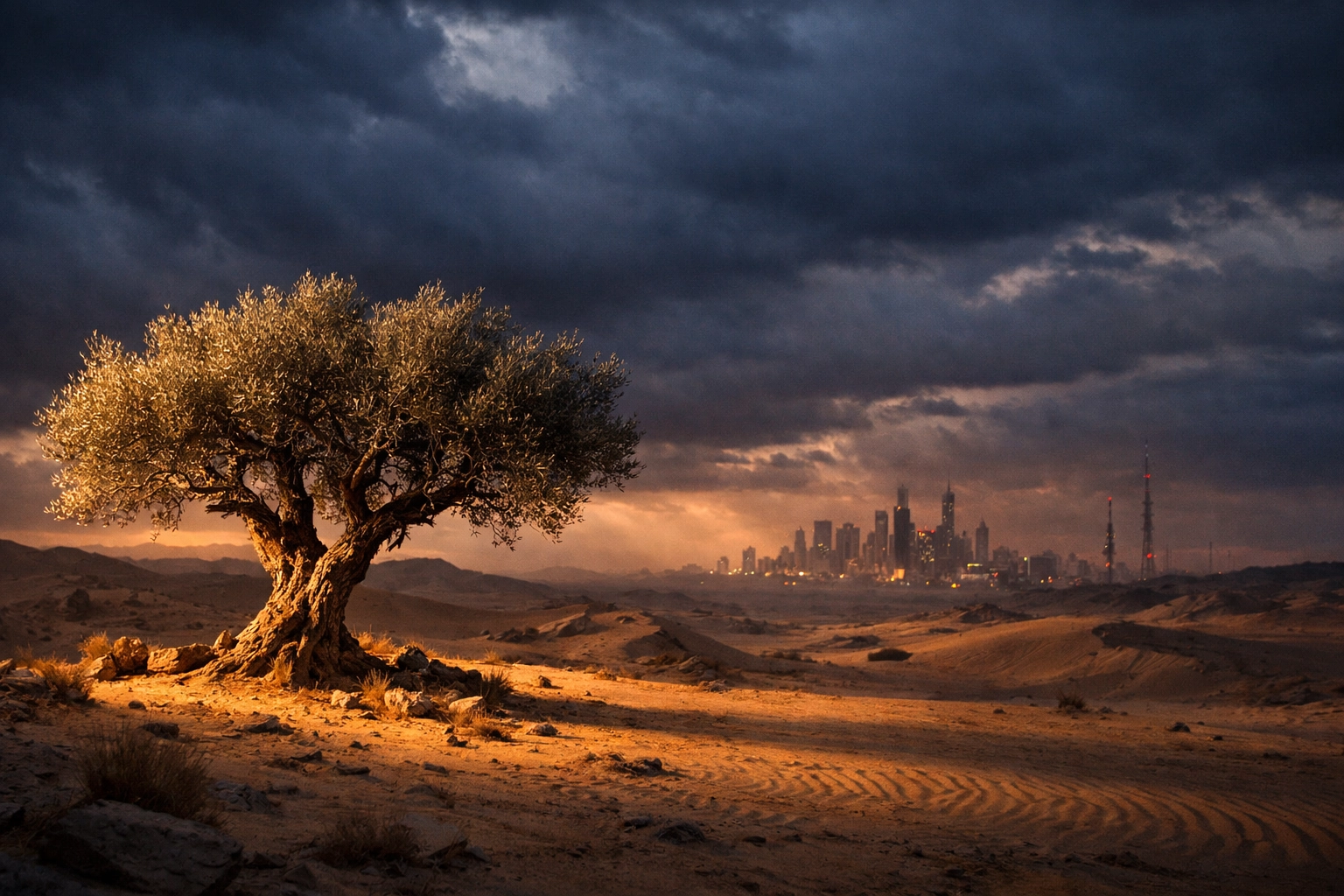 Resilient olive tree in a Middle Eastern desert at twilight, representing peace amidst global conflict.