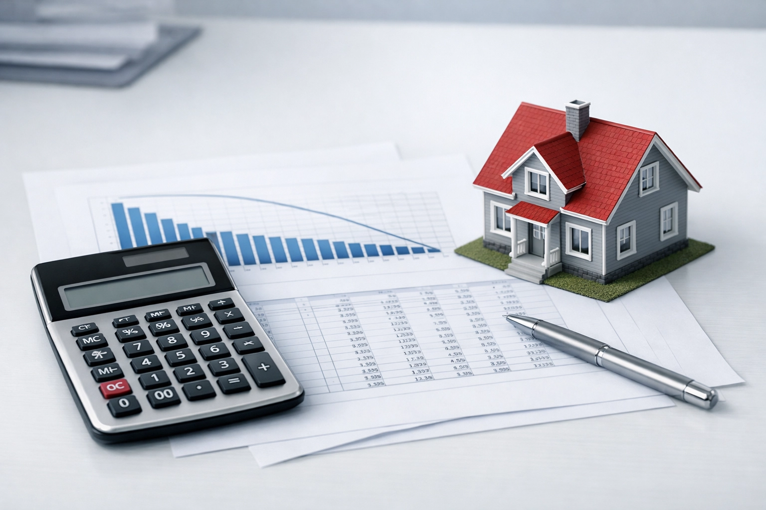 Calculator and model house on paperwork illustrating marital home equity and mortgage calculations